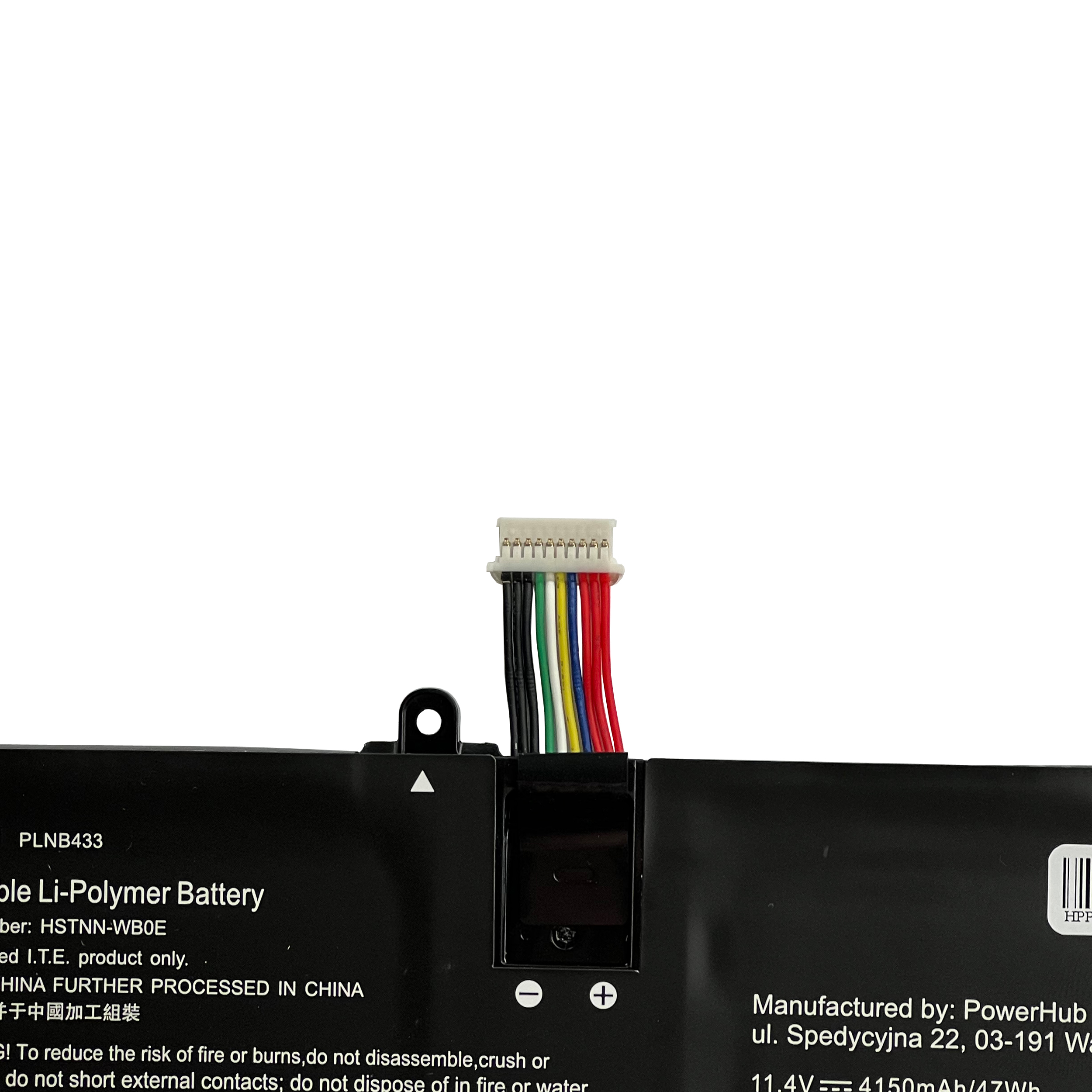 Czarna bateria Li-Polimer z kablami: czerwony, niebieski, żółty, biały, zielony, czarny.