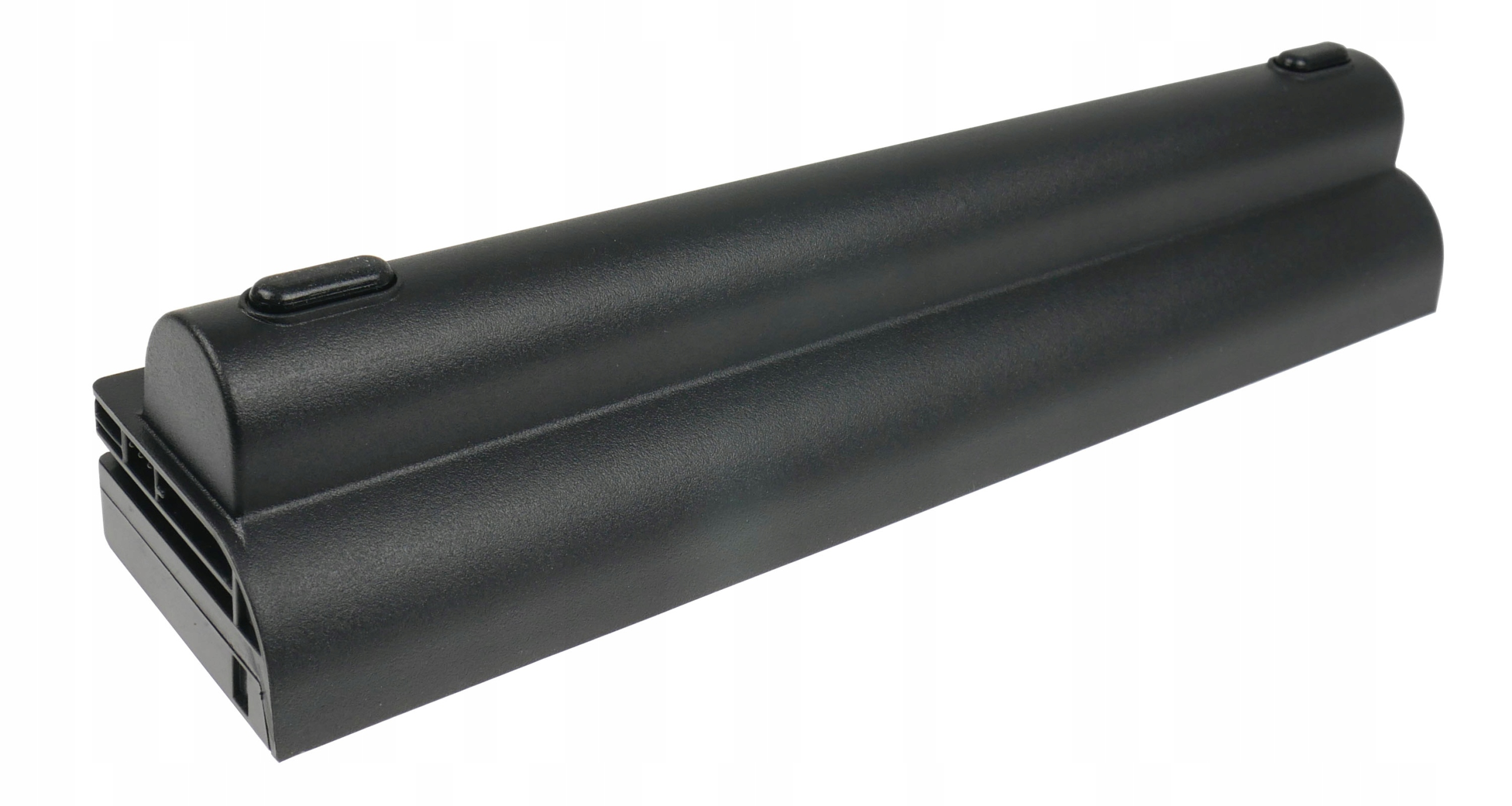 Czarna bateria do laptopa z dwoma przyciskami, na białym tle.