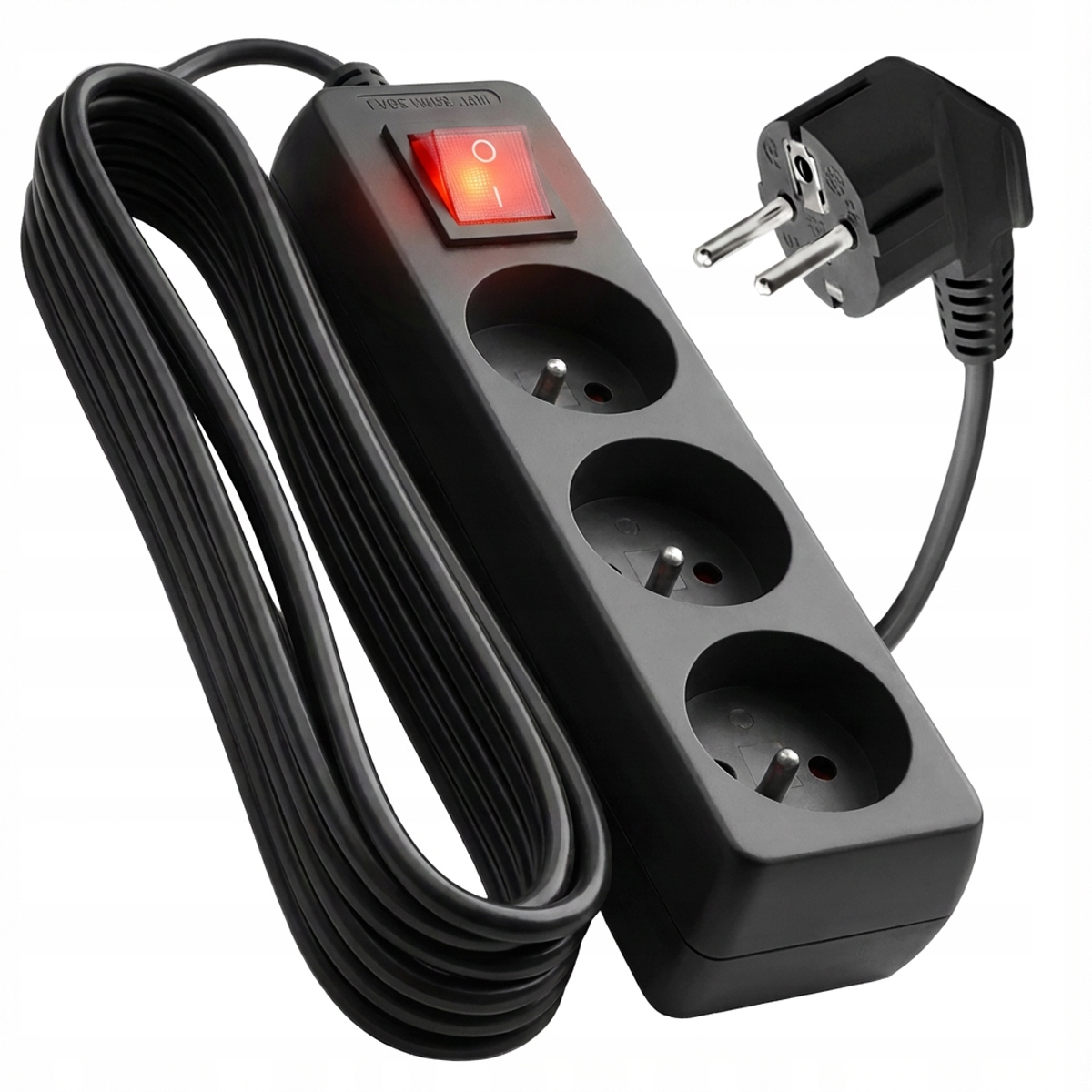 Czarna listwa zasilająca z trzema gniazdami i podświetlanym włącznikiem.