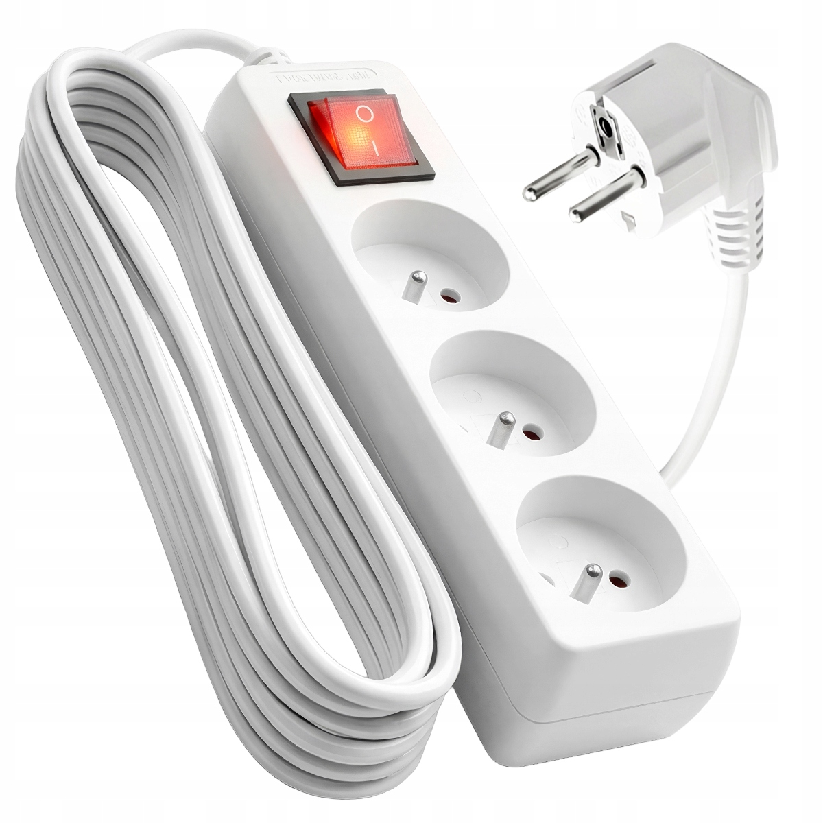 Biała listwa zasilająca z trzema gniazdami i podświetlanym włącznikiem.