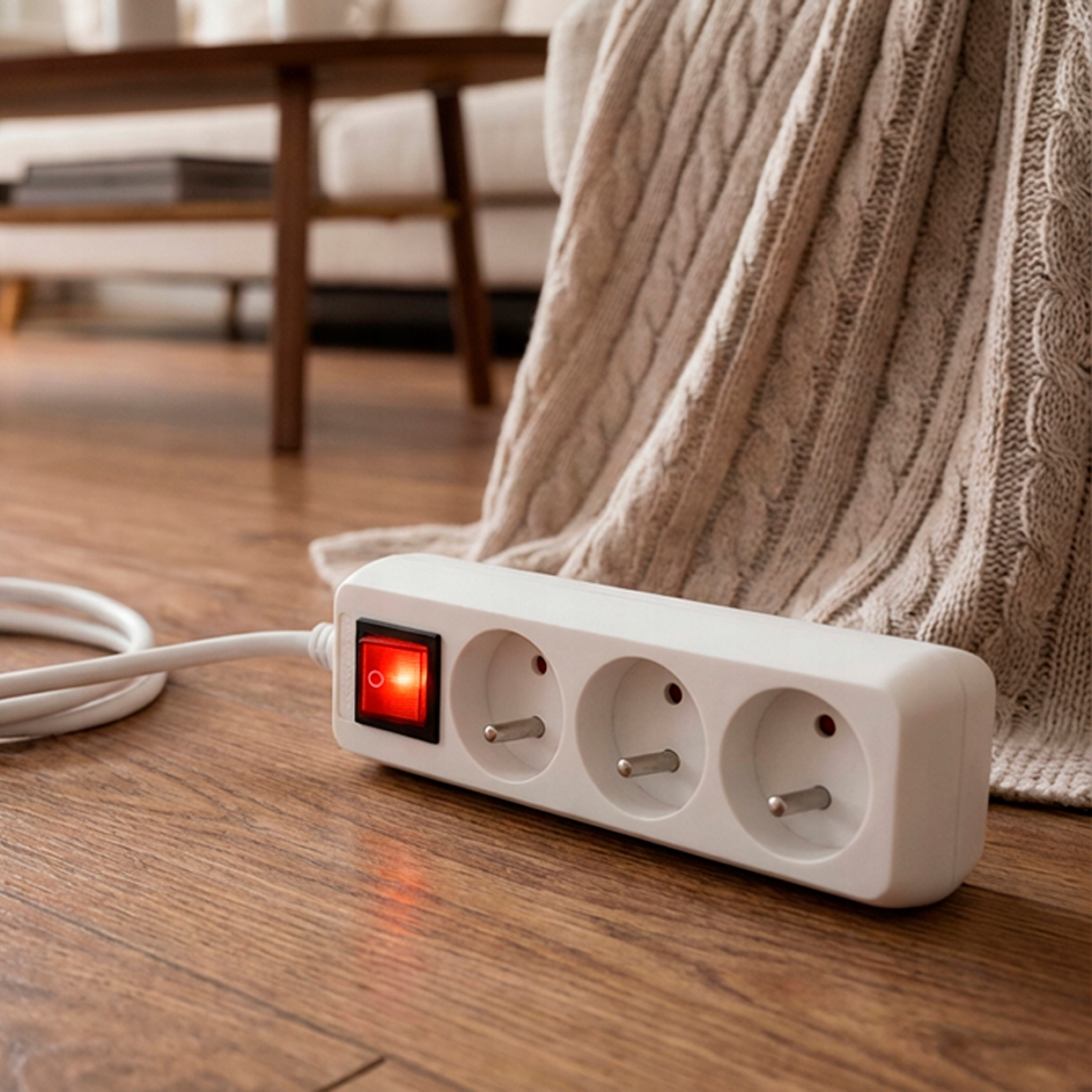 Biała listwa zasilająca z czerwonym włącznikiem leży na drewnianej podłodze.