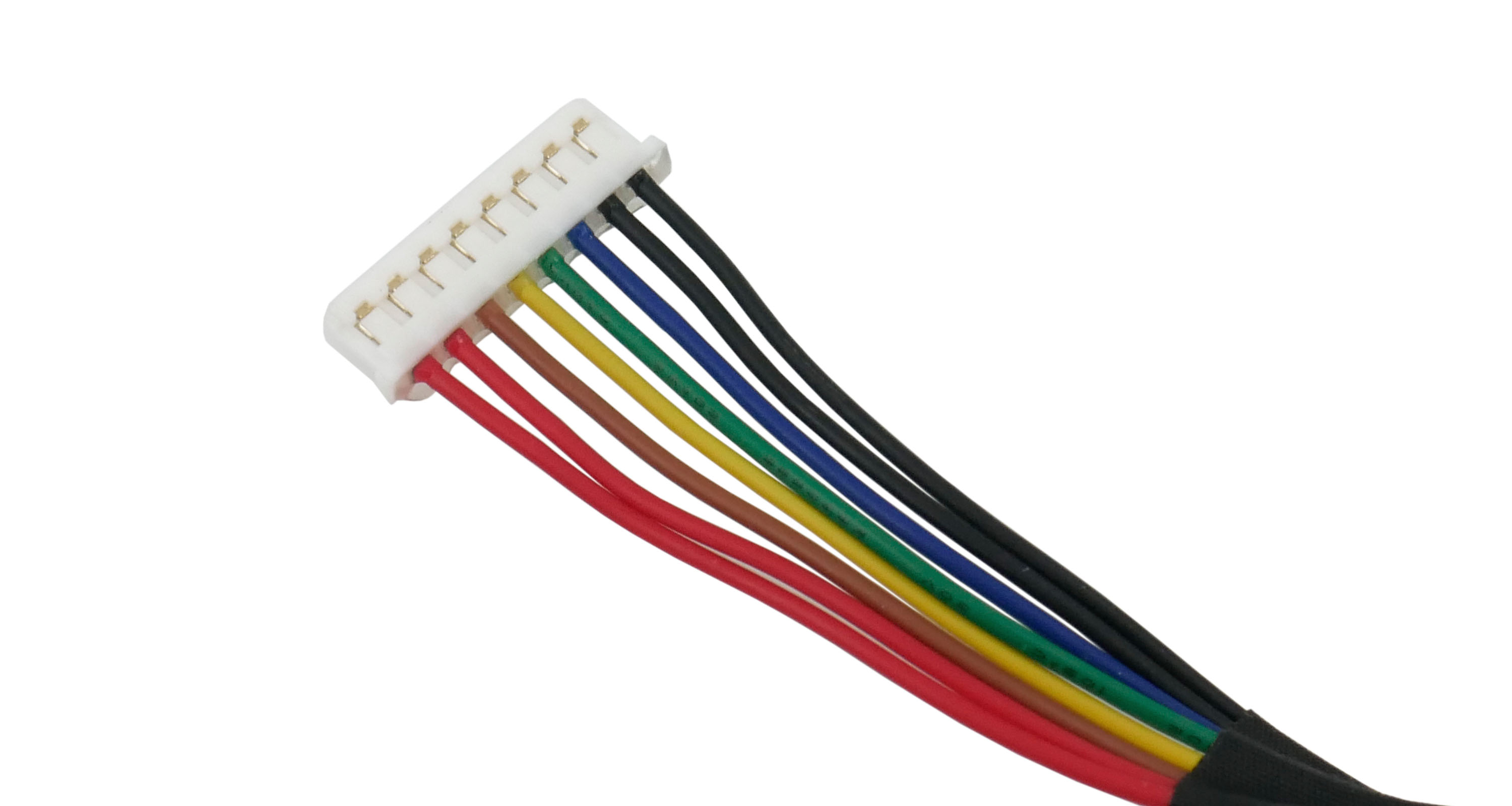 Białe złącze przewodów z ośmioma kolorowymi przewodami: czerwony, brązowy, żółty, zielony, niebieski, czarny.
