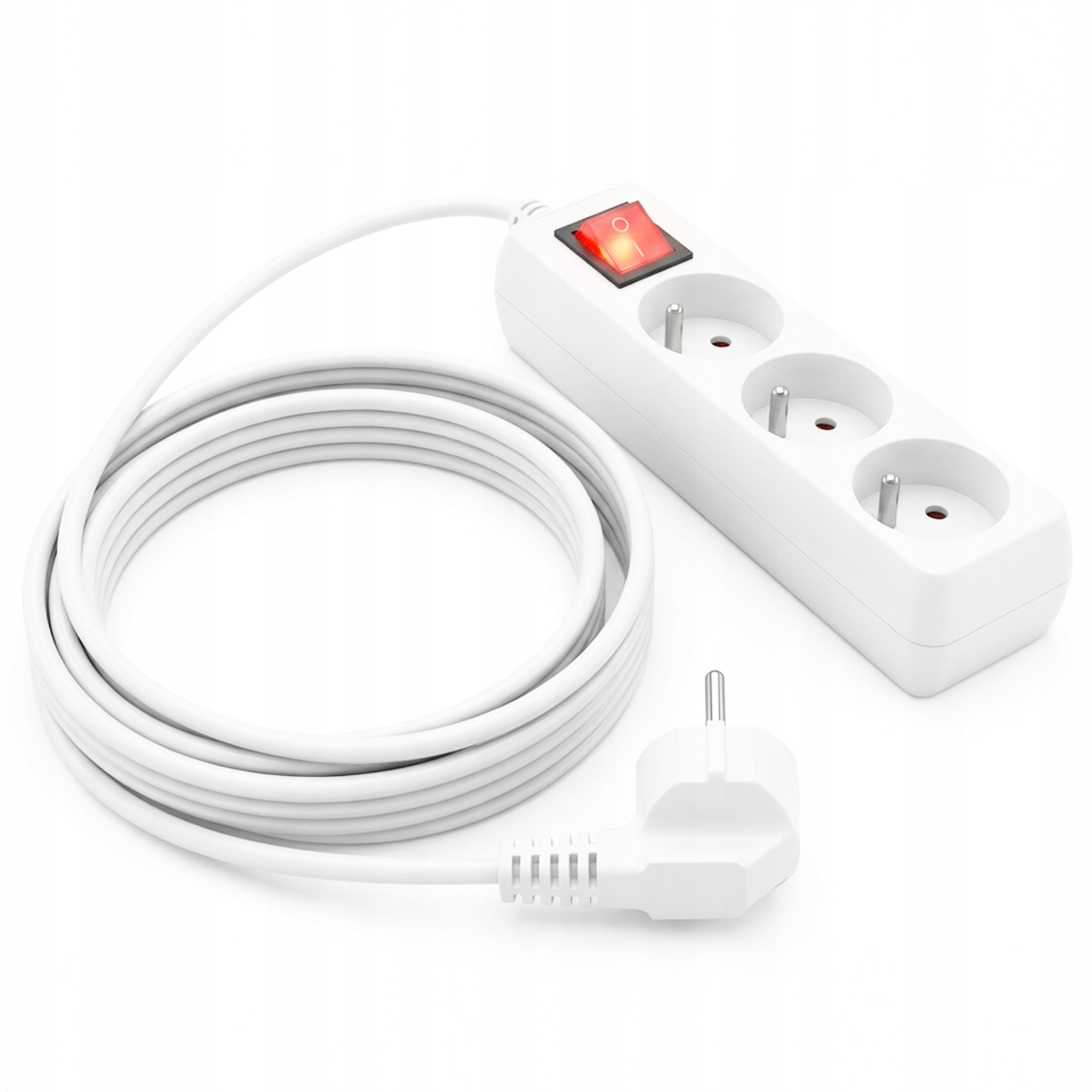Biała listwa zasilająca z czerwonym włącznikiem i trzema gniazdami, zwinięty biały kabel.
