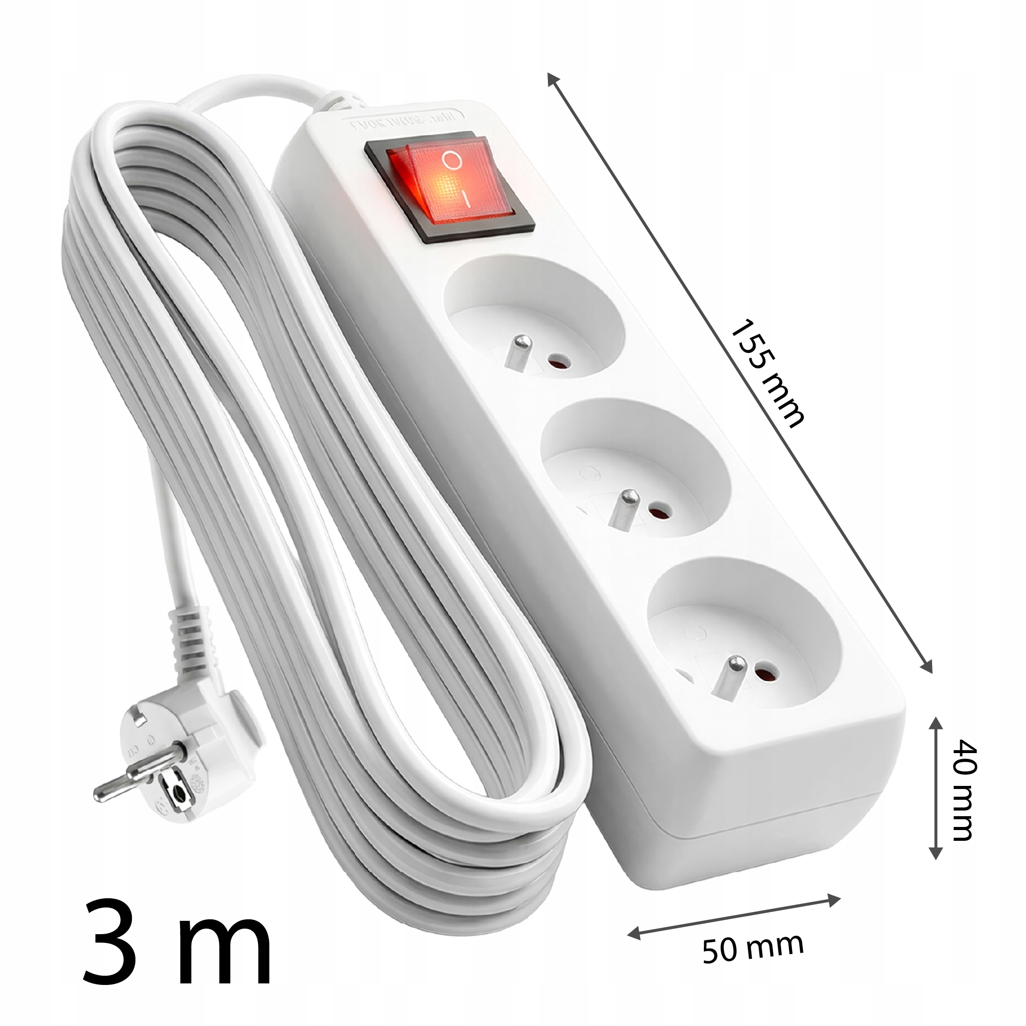 Biała listwa zasilająca 3 gniazda, kabel 3m, przełącznik, wymiary.