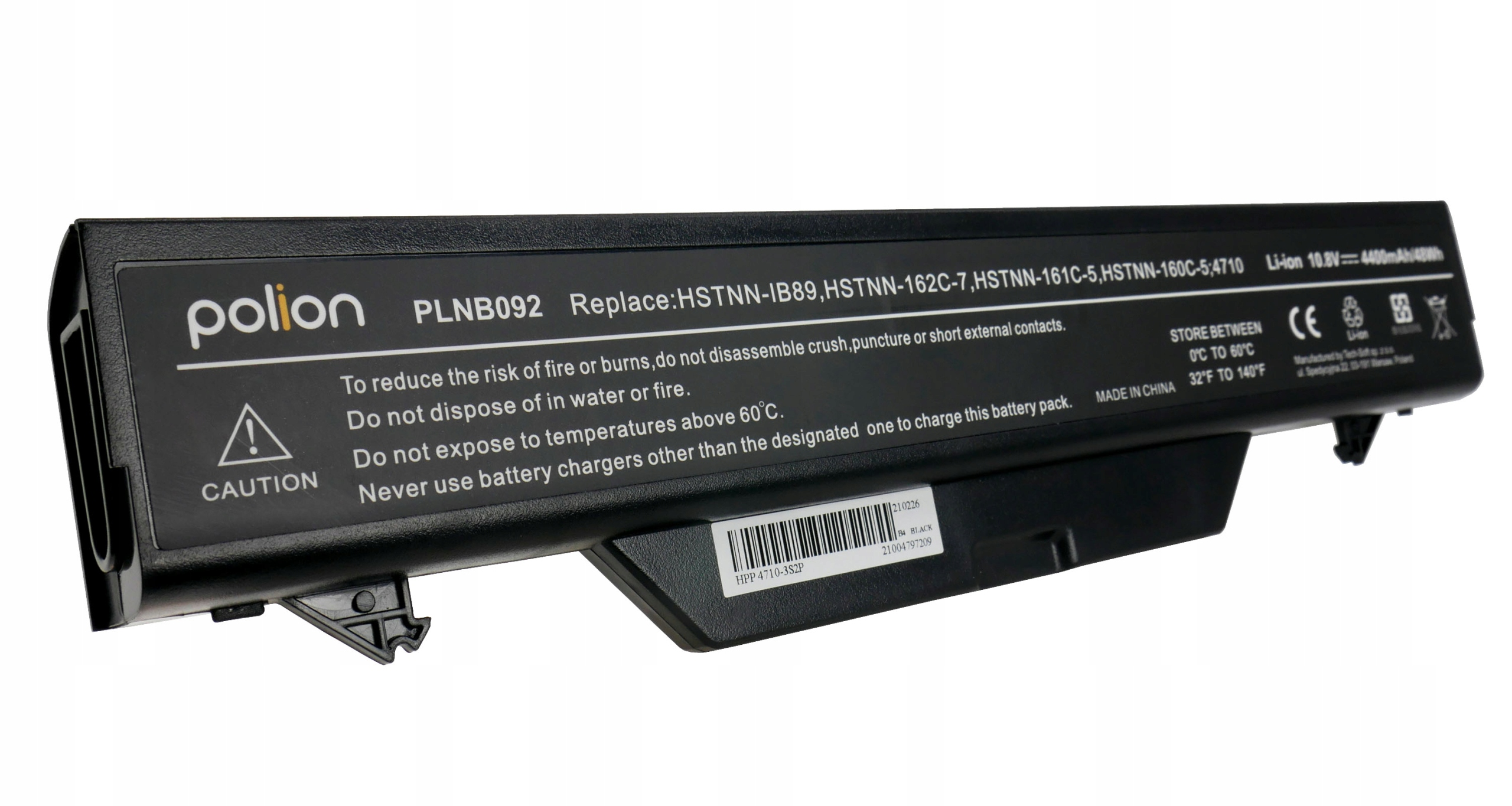 Czarna bateria do laptopa z ostrzeżeniami i numerem modelu.