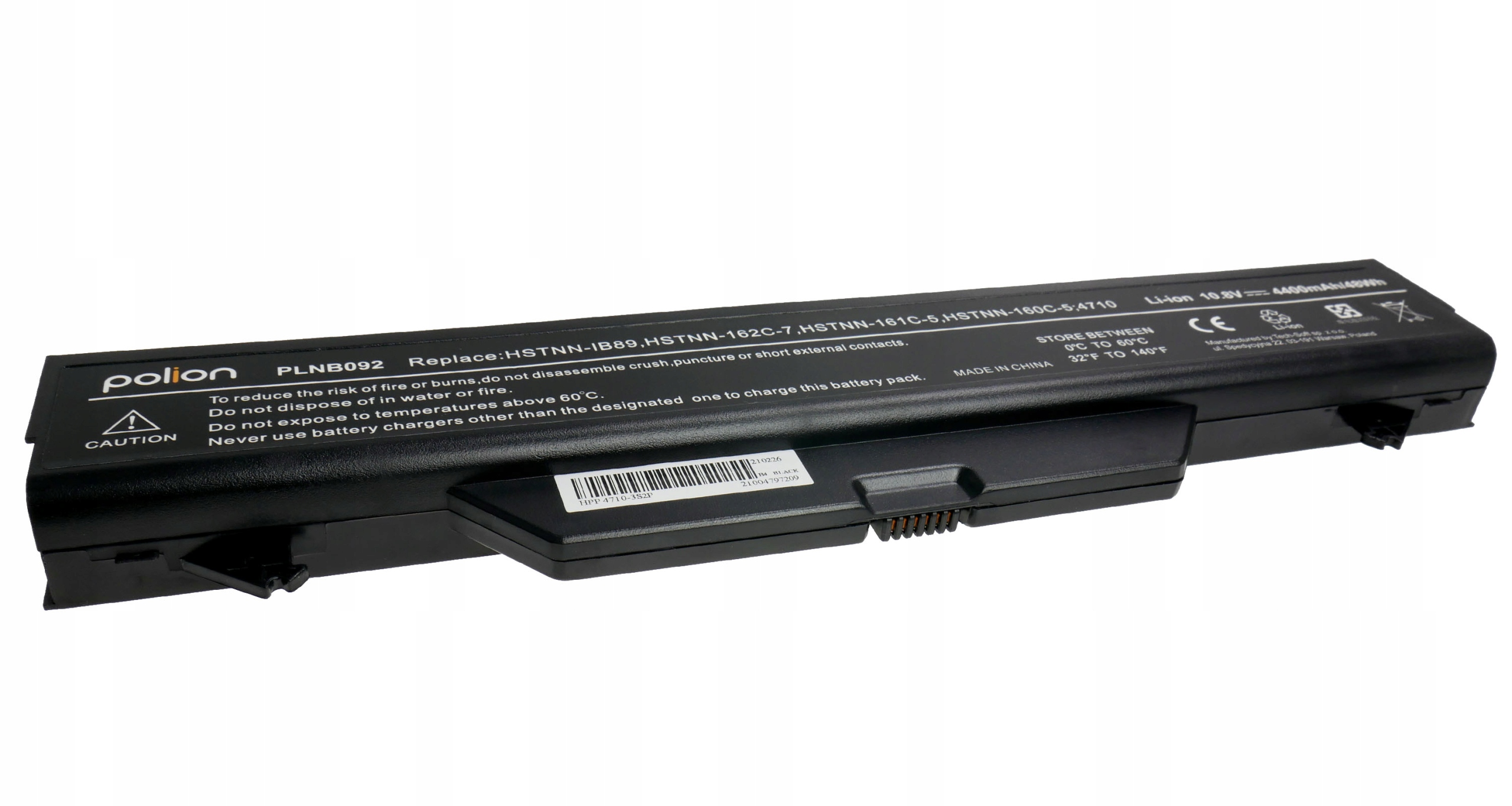 Czarny akumulator do laptopa z symbolami ostrzegawczymi i detalami technicznymi.