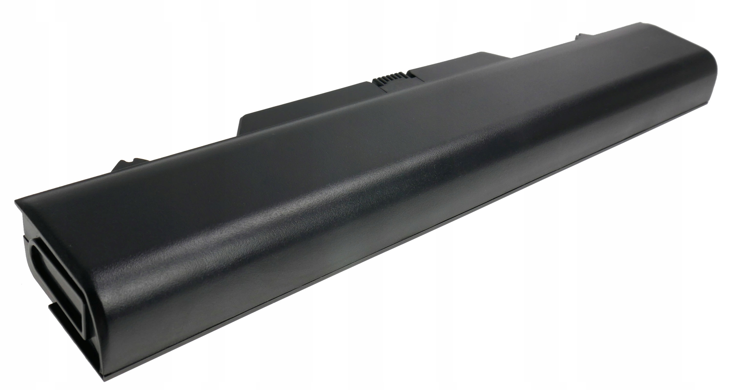 Czarna bateria do laptopa na białym tle.