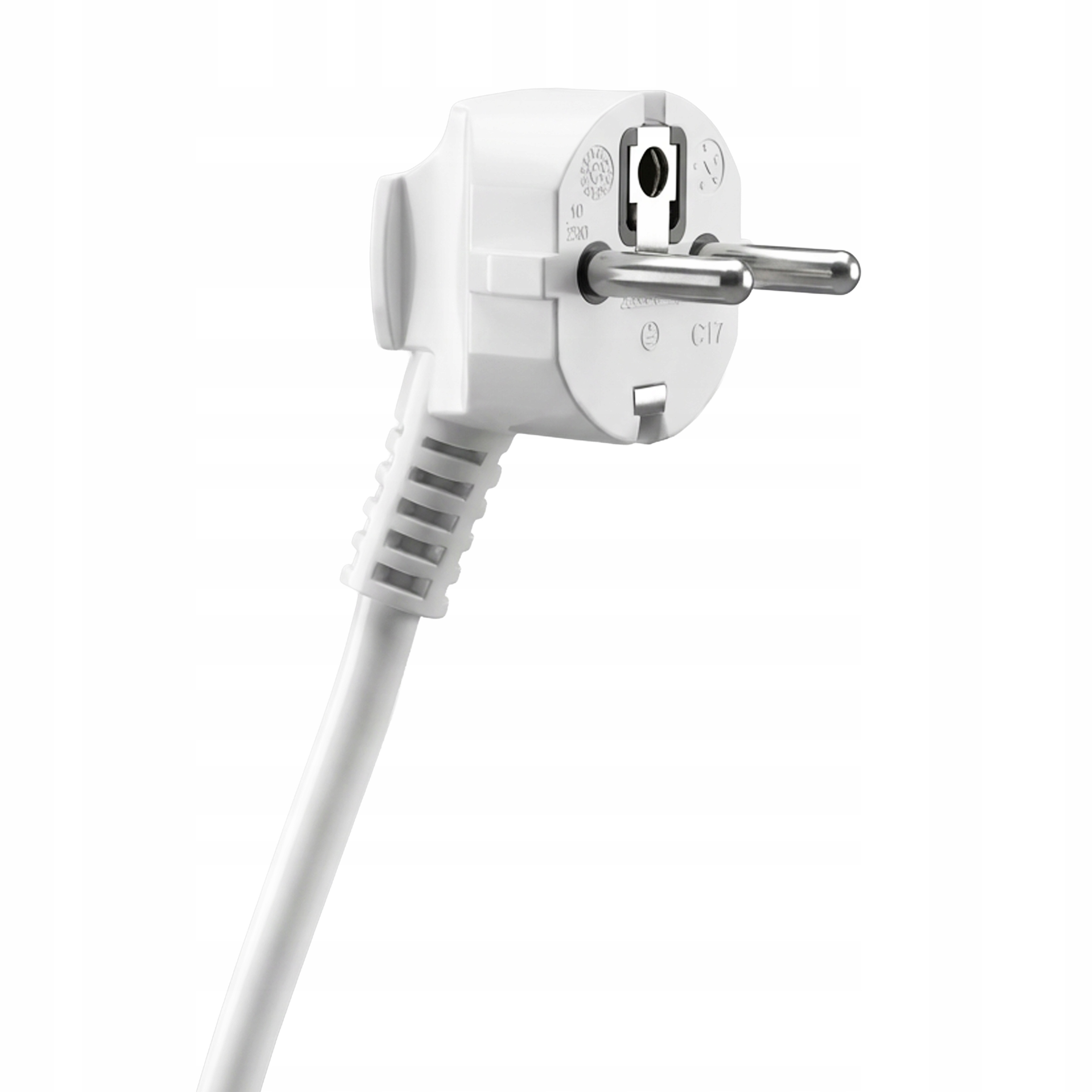 Biała wtyczka elektryczna z dwoma metalowymi bolcami i kablem na białym tle.