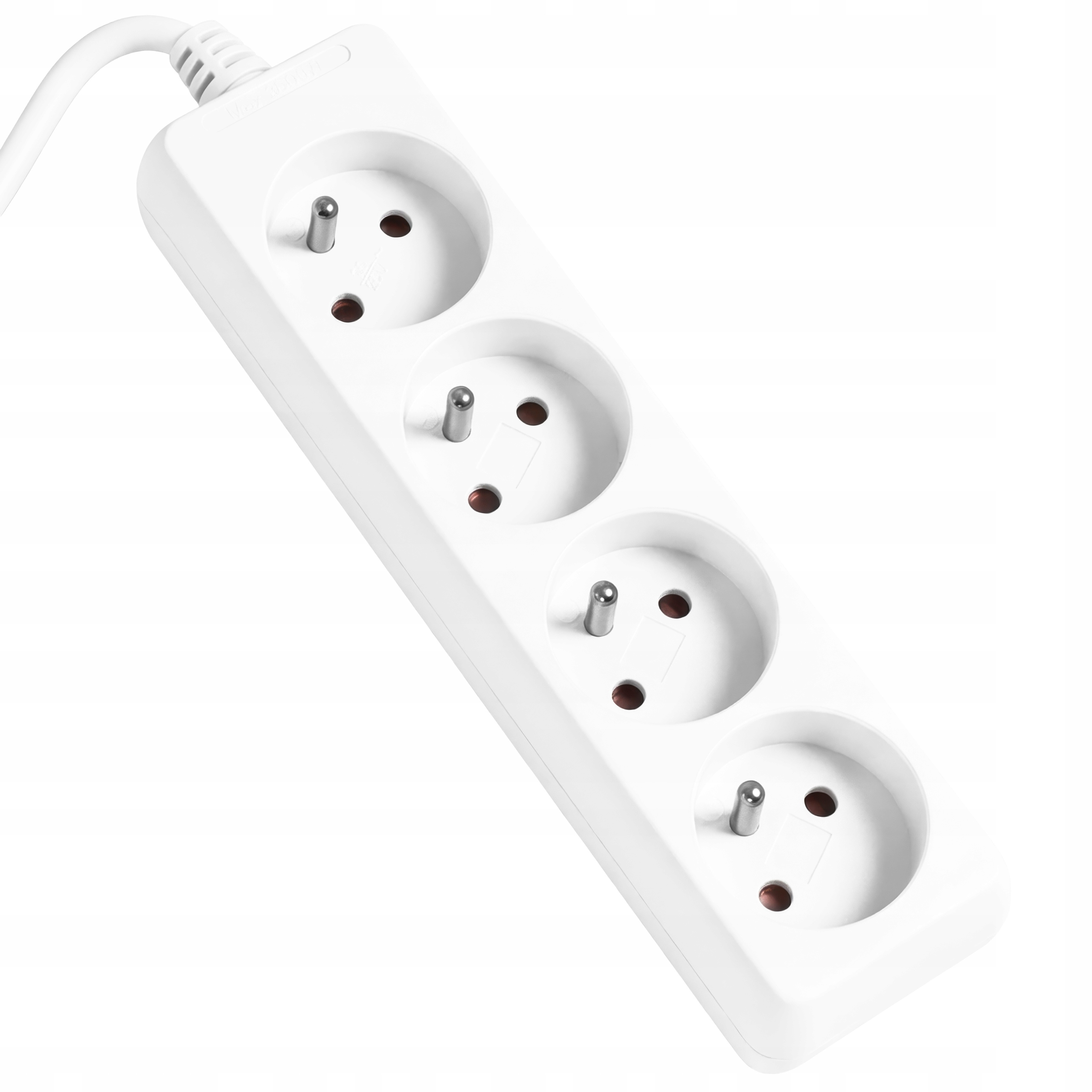 Biała listwa zasilająca z trzema gniazdami i kablem.