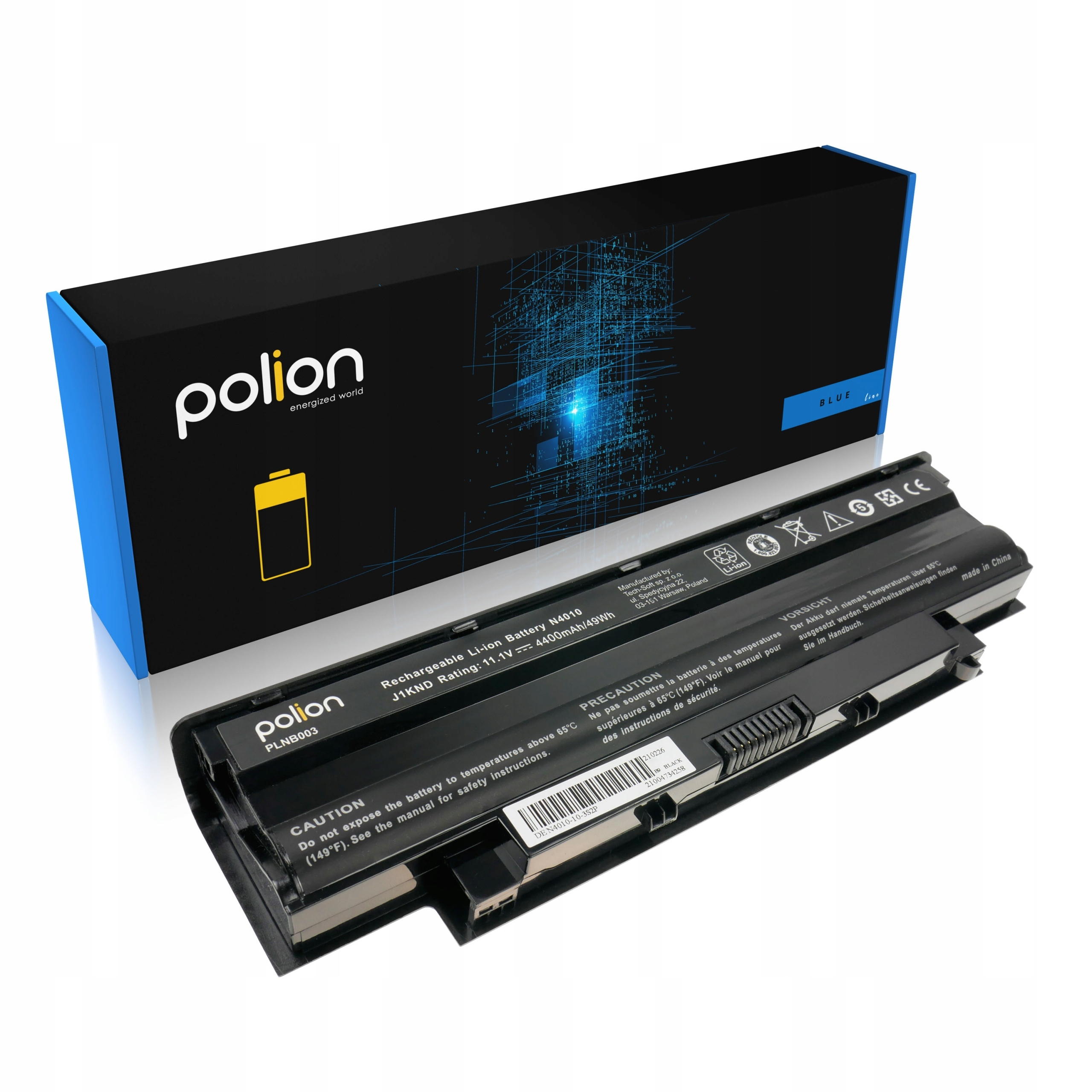 Czarna bateria litowo-jonowa do laptopa z marką i modelem na białym tle.