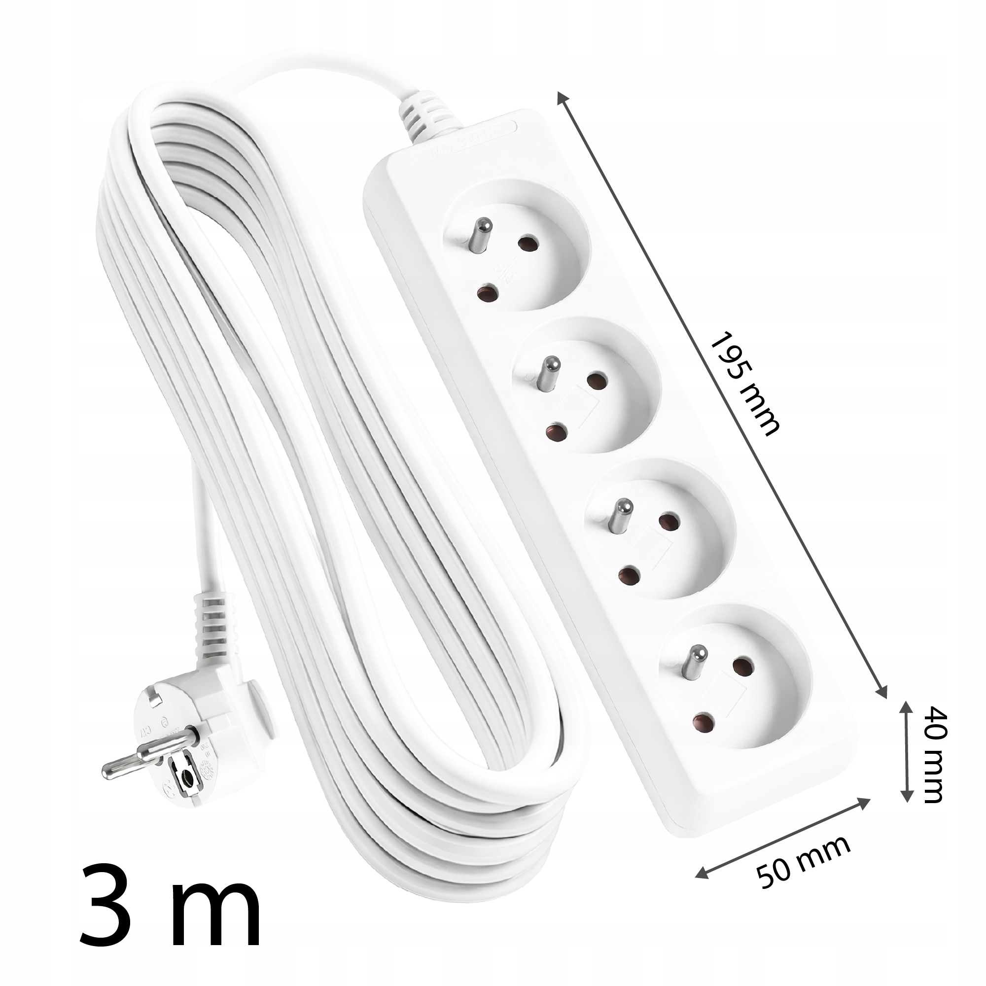 Biała listwa zasilająca z czterema gniazdami i kablem 3m.