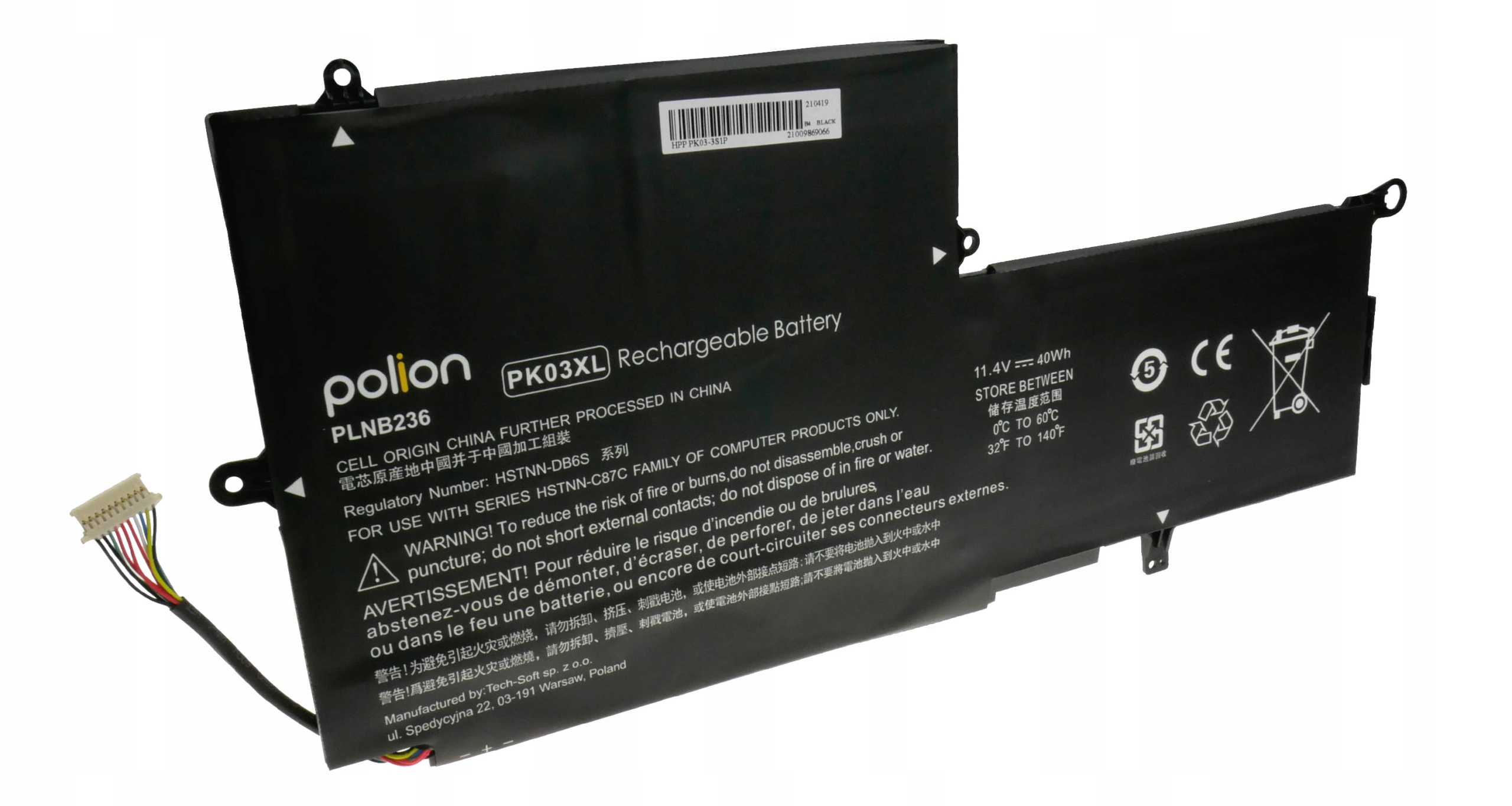 Czarna bateria do laptopa Polion PLNB236 z etykietami ostrzegawczymi i kablem.