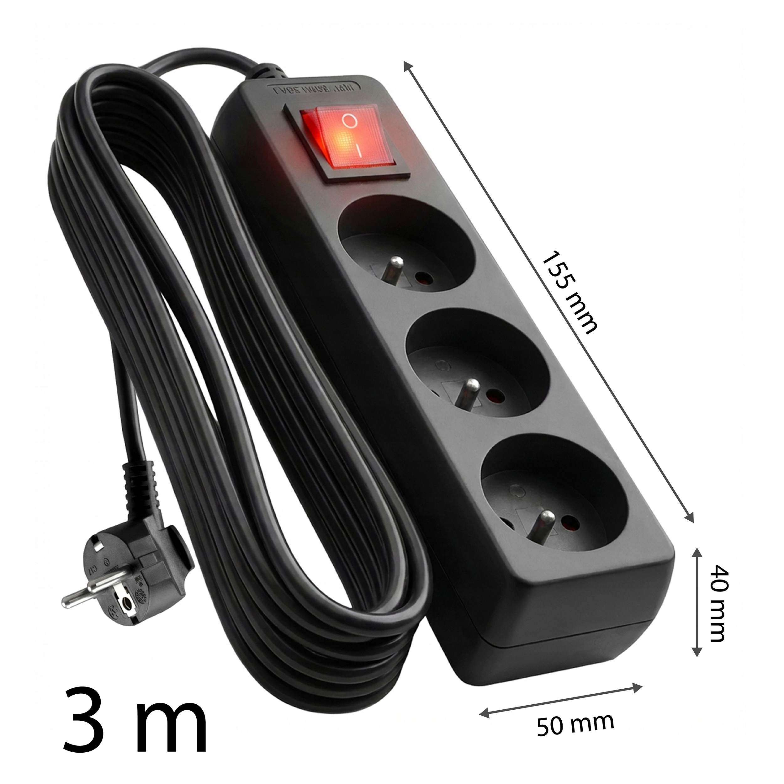 Czarna listwa zasilająca z 3 gniazdami i czerwonym włącznikiem. Kabel 3m.