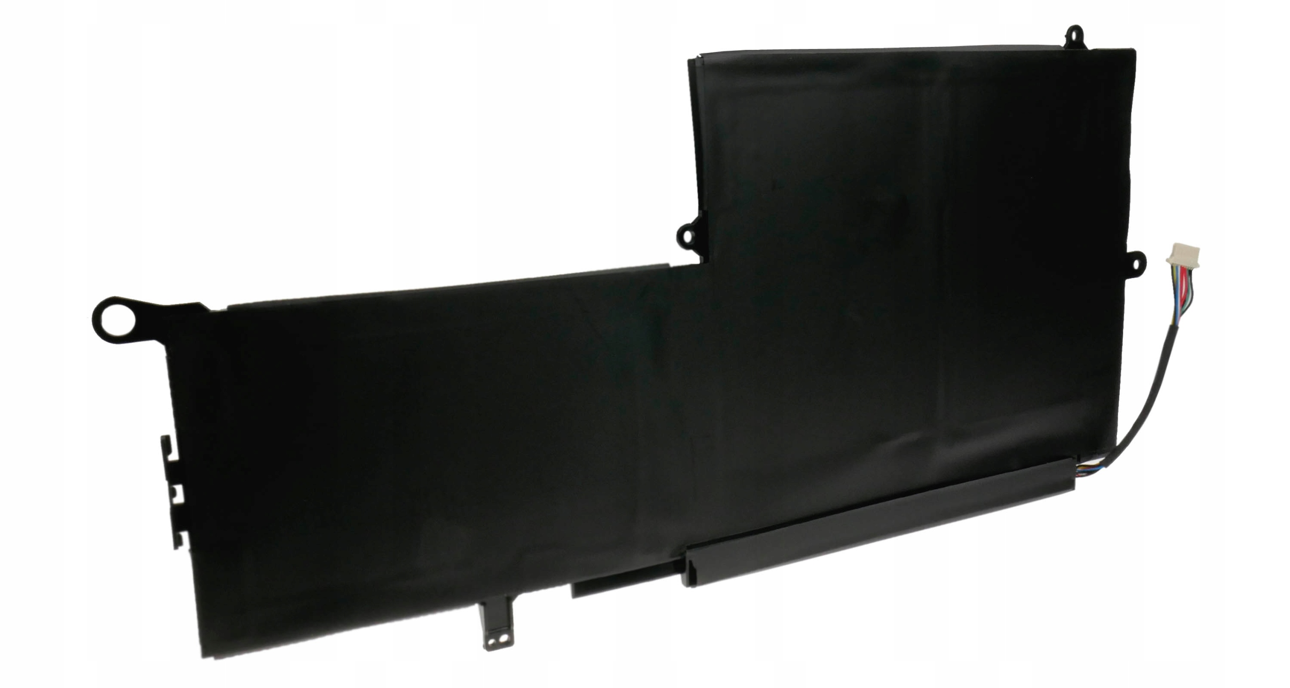 Czarna bateria do laptopa z przewodami i złączem na białym tle.