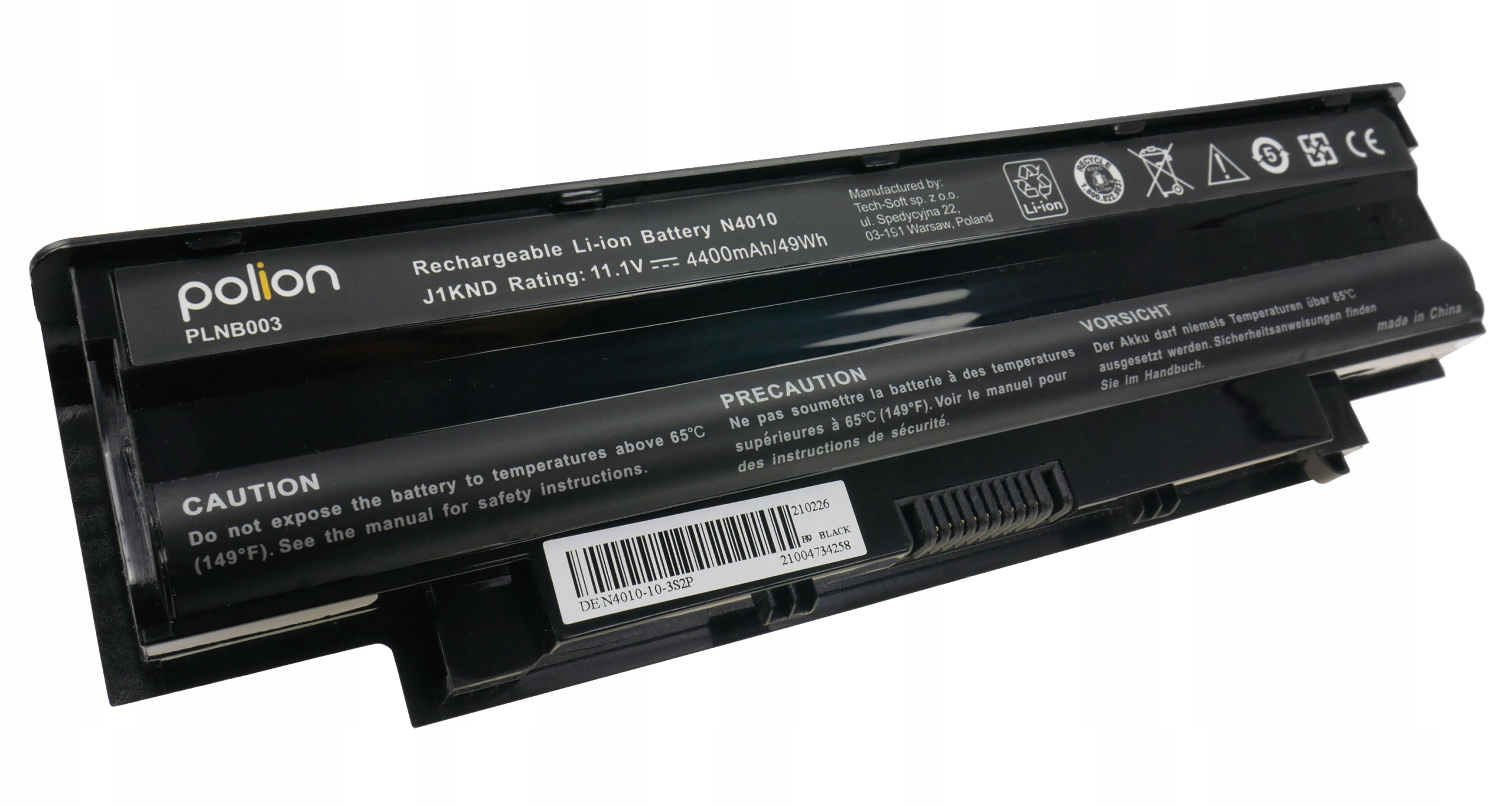 Czarny akumulator Li-Ion Polion N4010, 11.1V, 4400mAh. Ostrożnie: Nie przekraczać 65°C.