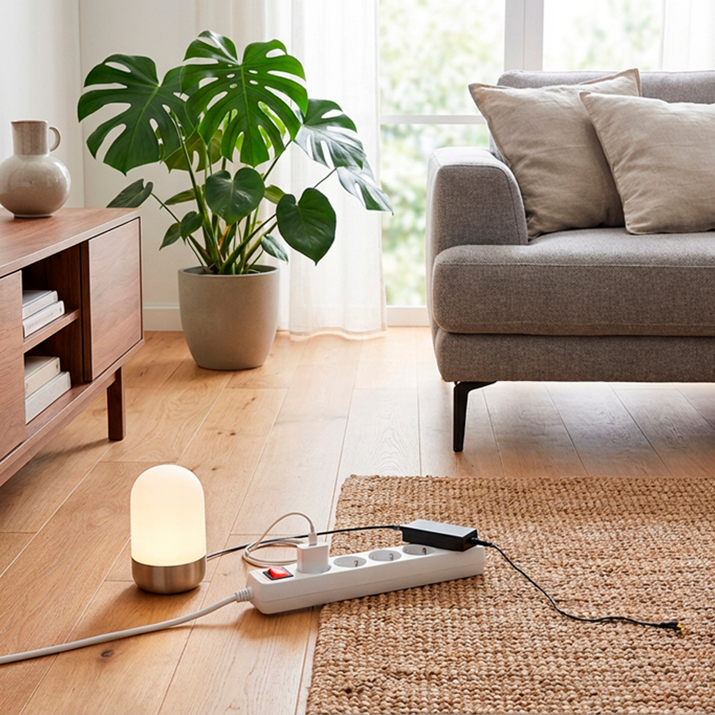 Scena salonu z rośliną monstera, sofą i białym przedłużaczem na dywanie.