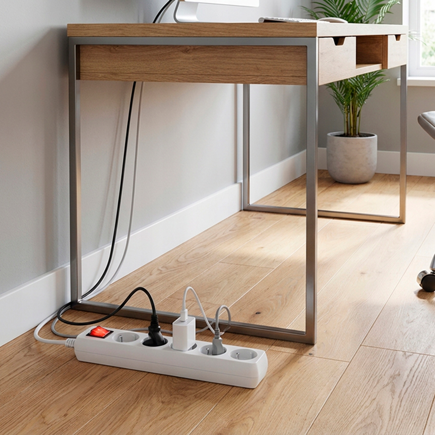 Biała listwa zasilająca z podłączonymi urządzeniami i czerwonym włącznikiem.