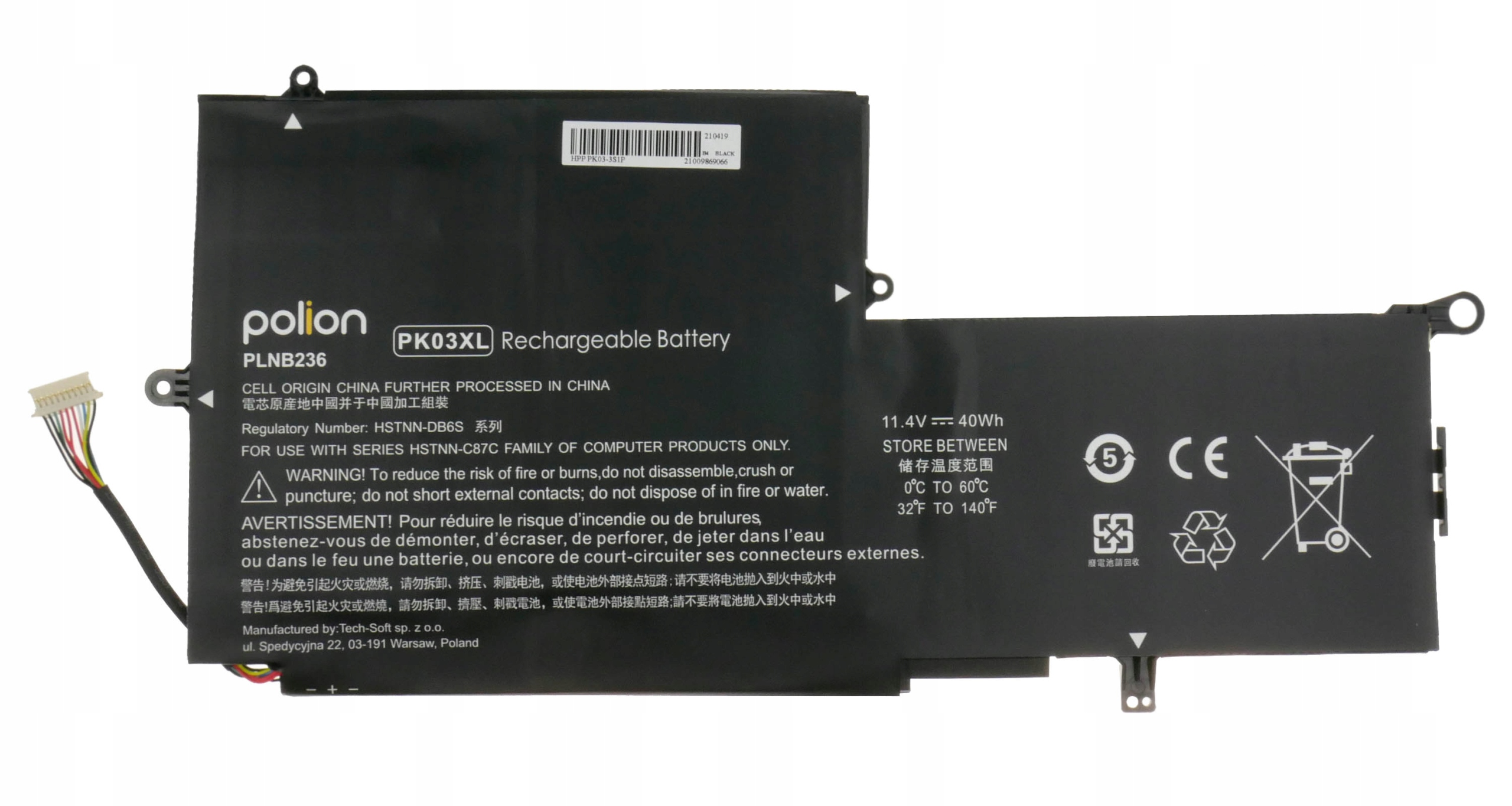 Czarna bateria do laptopa, model PLNB236, PK03XL, 11,4V 40Wh, z kablem.