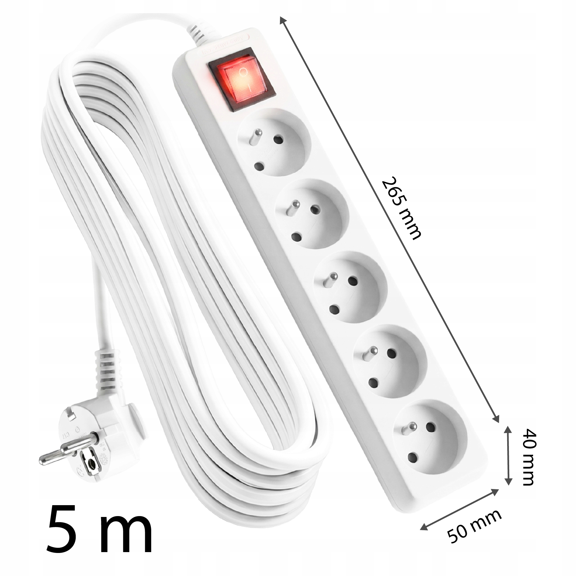 Biała listwa zasilająca z 5 gniazdami, czerwonym przełącznikiem i długim kablem.