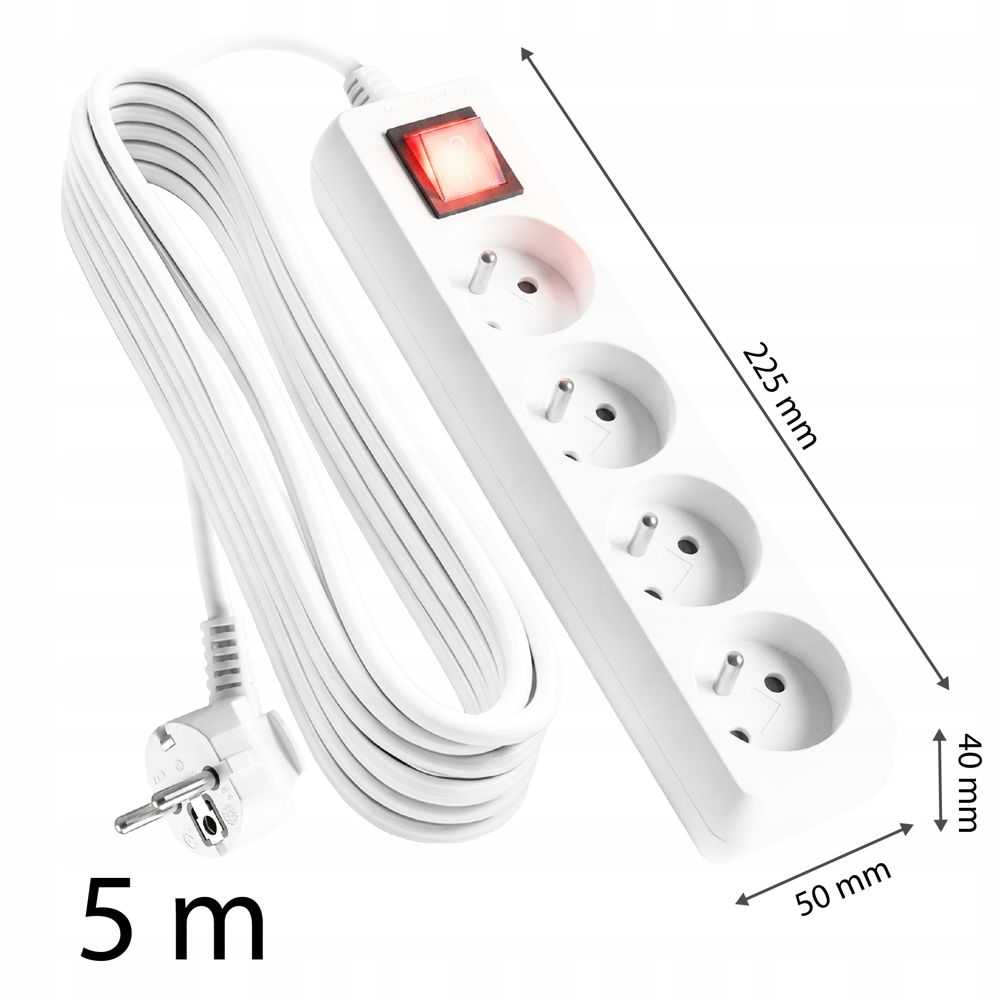 Biała listwa zasilająca 5m z 3 gniazdami i podświetlanym czerwonym przełącznikiem.