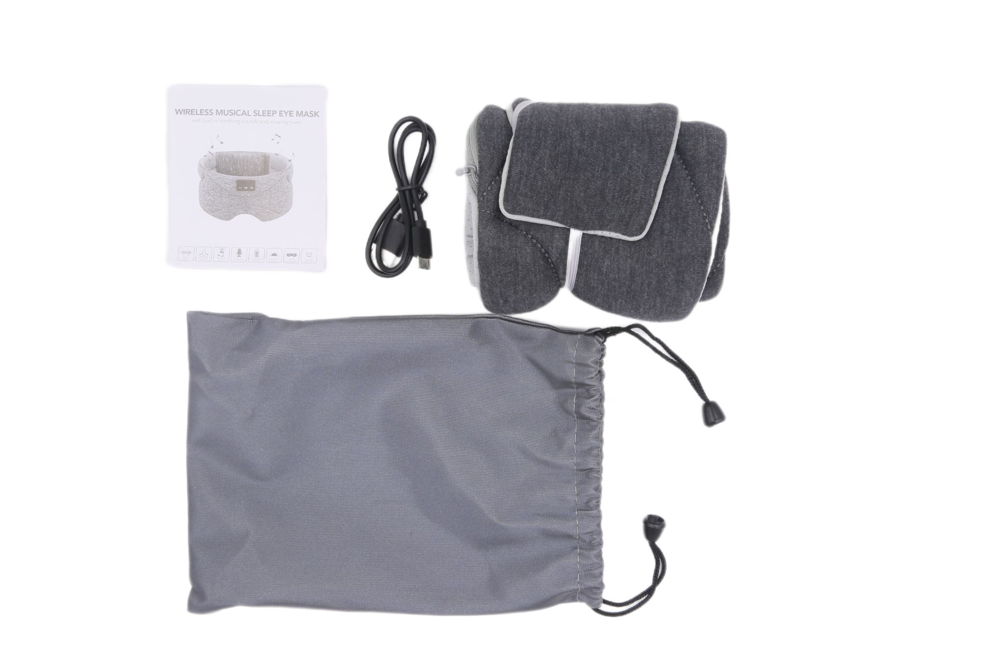Szara maska do spania z kablem, instrukcją i woreczkiem na białym tle.