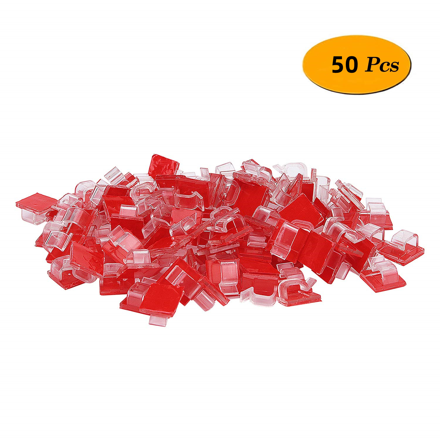 Stos czerwonych i przezroczystych plastikowych części z żółtym owalem '50 szt'.