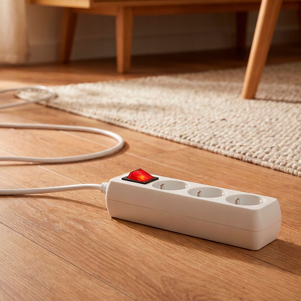 Biała listwa zasilająca z czerwonym włącznikiem na drewnianej podłodze.