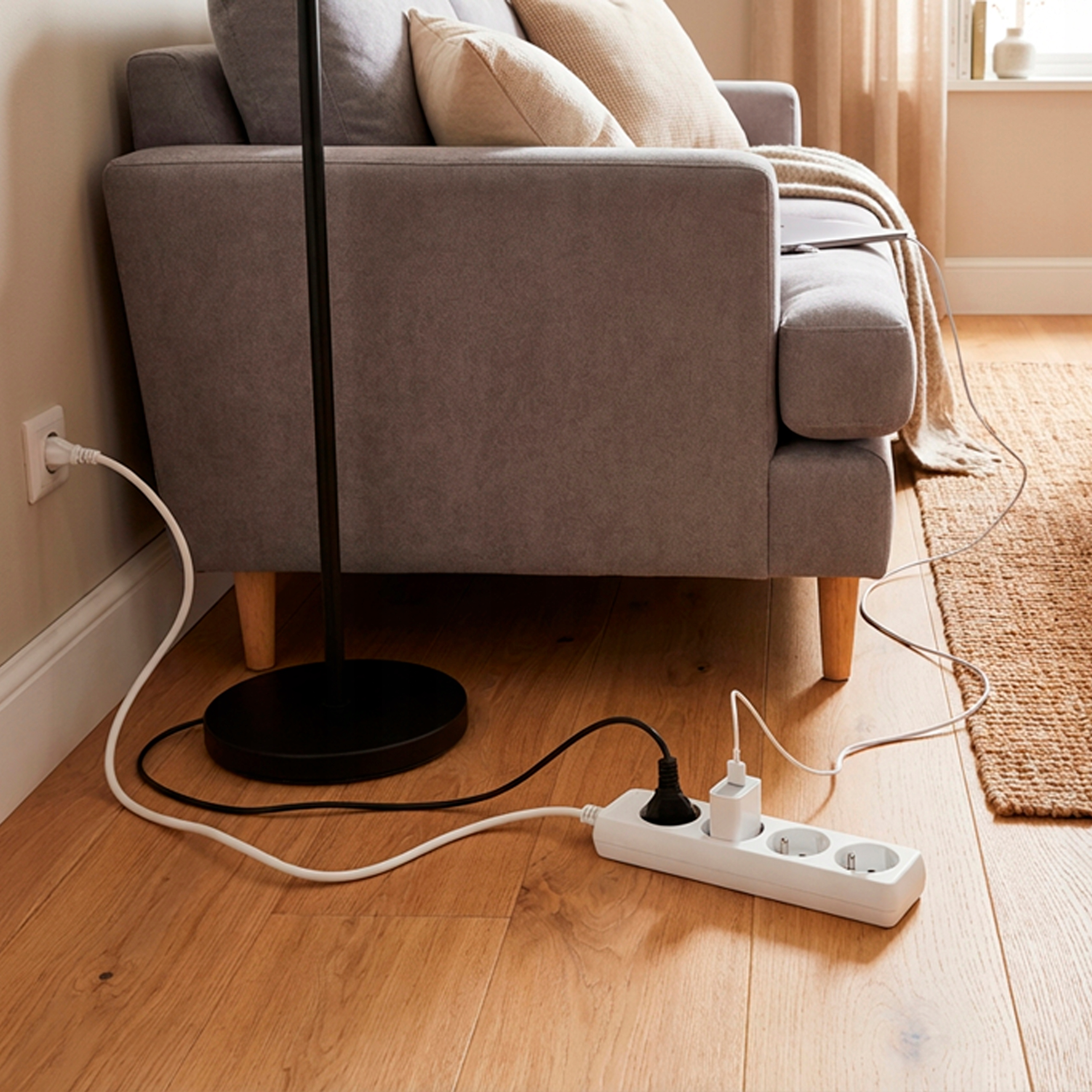 Szara sofa z poduszkami i kocami, listwa zasilająca z przewodami na drewnianej podłodze.