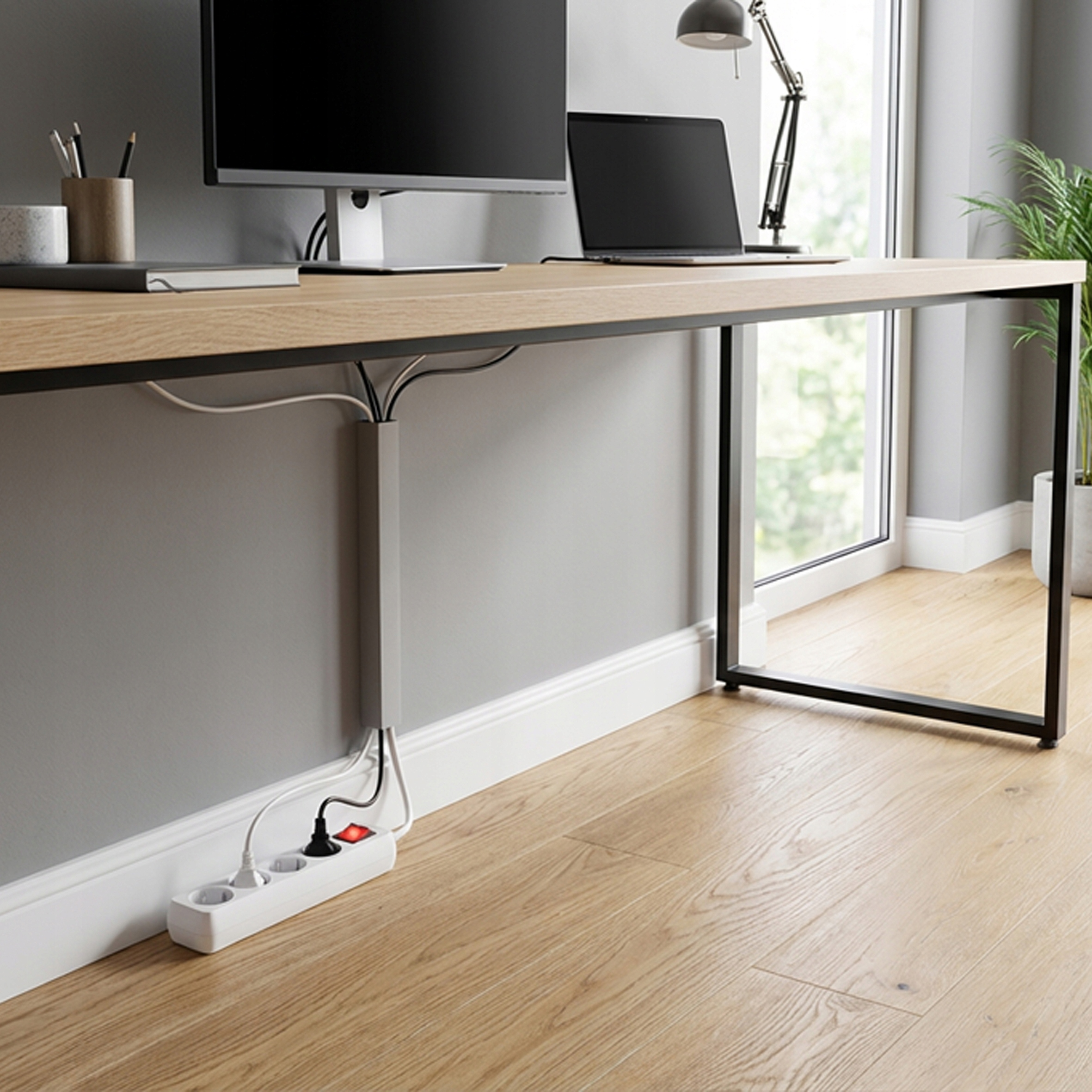 Biurko z monitorem, laptopem i lampą. Na podłodze biała listwa zasilająca.