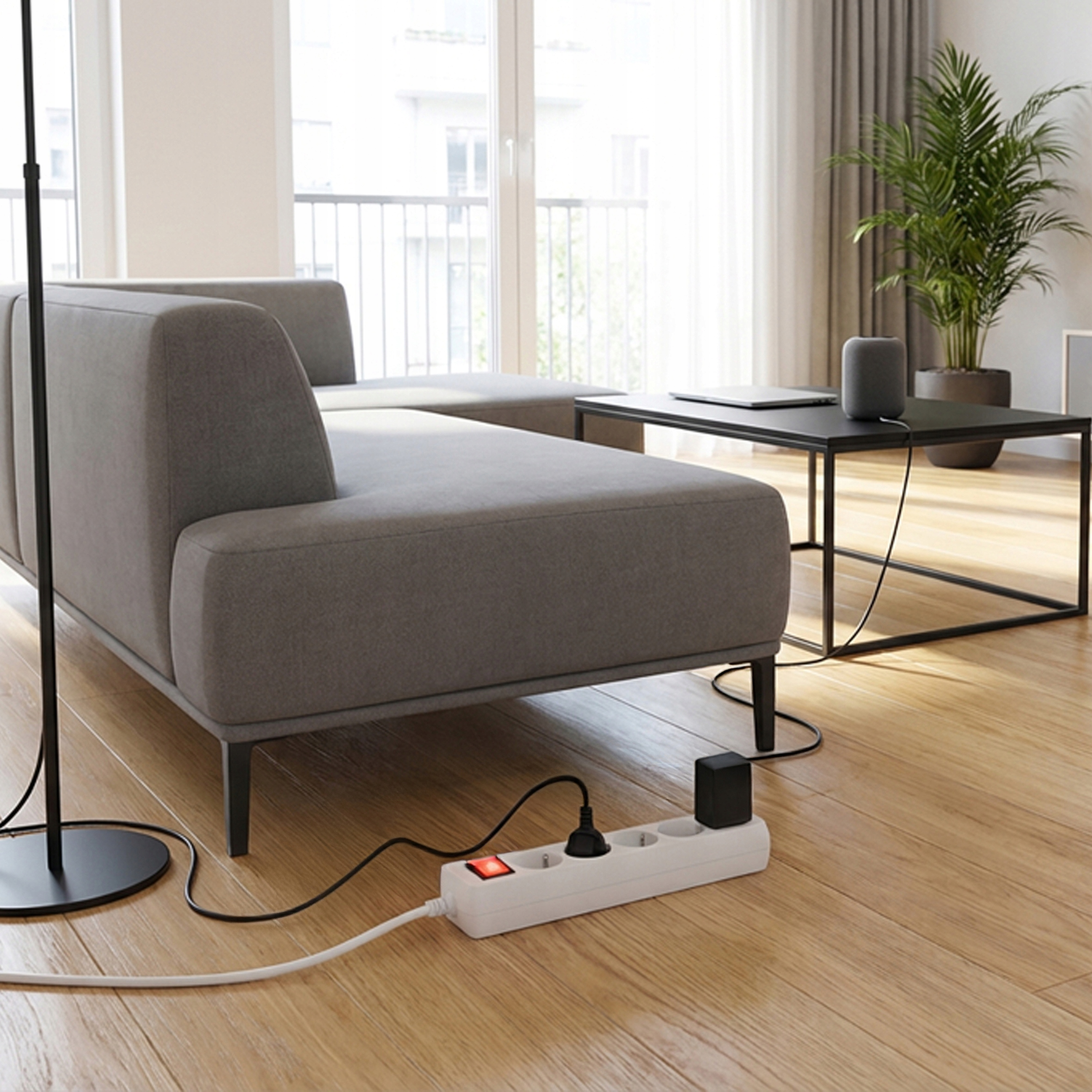 Szara sofa z listwą zasilającą i kablami na drewnianej podłodze.