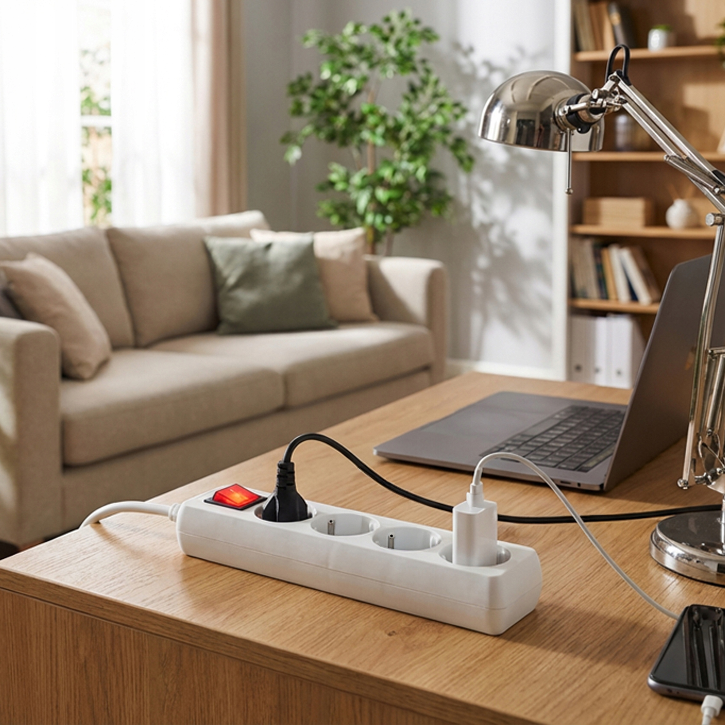 Biurko z listwą zasilającą, laptopem, lampą i telefonem.