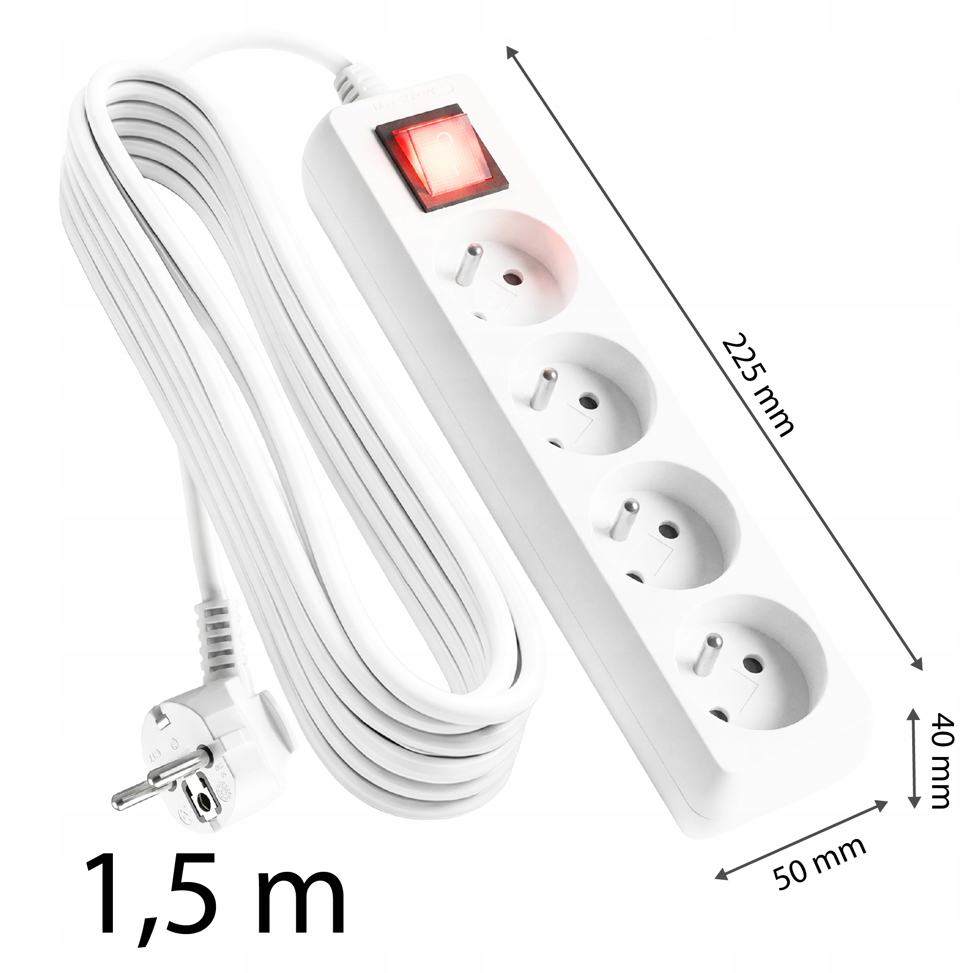 Biała listwa zasilająca z czerwonym włącznikiem, kabel 1,5 m, dł. 225 mm.
