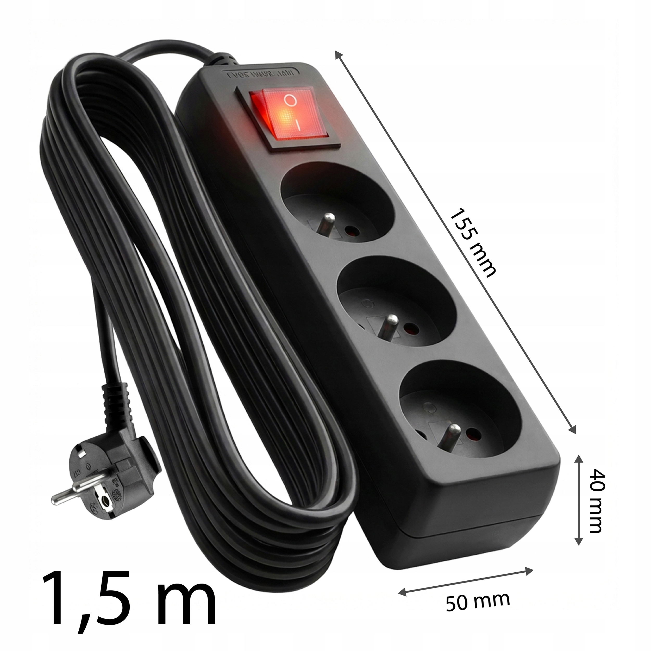 Czarna listwa zasilająca 3-gniazdowa z czerwonym włącznikiem i kablem 1,5m.