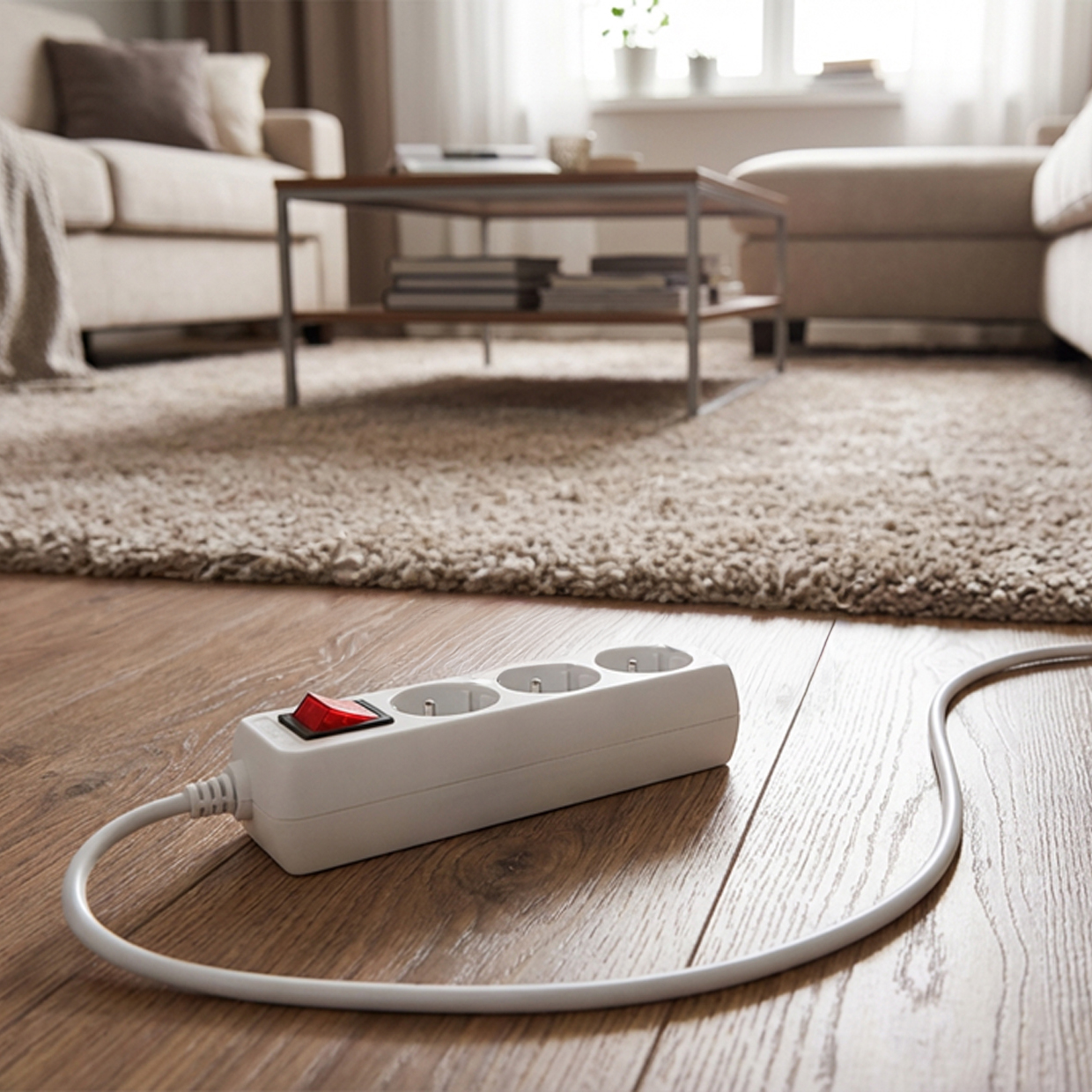 Biała listwa zasilająca z czerwonym przełącznikiem na drewnianej podłodze.