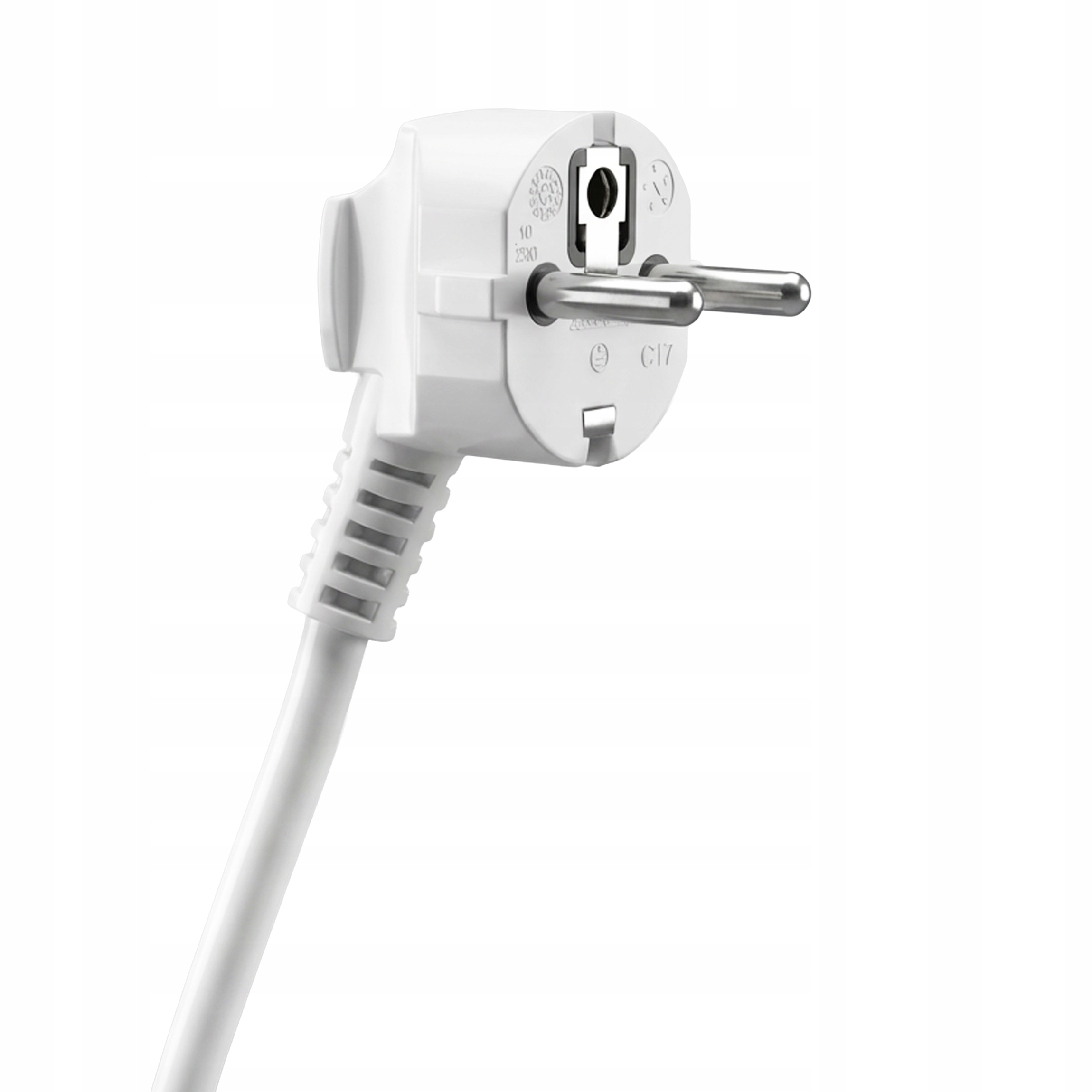 Biała wtyczka z dwoma metalowymi bolcami i przyłączem kablowym.