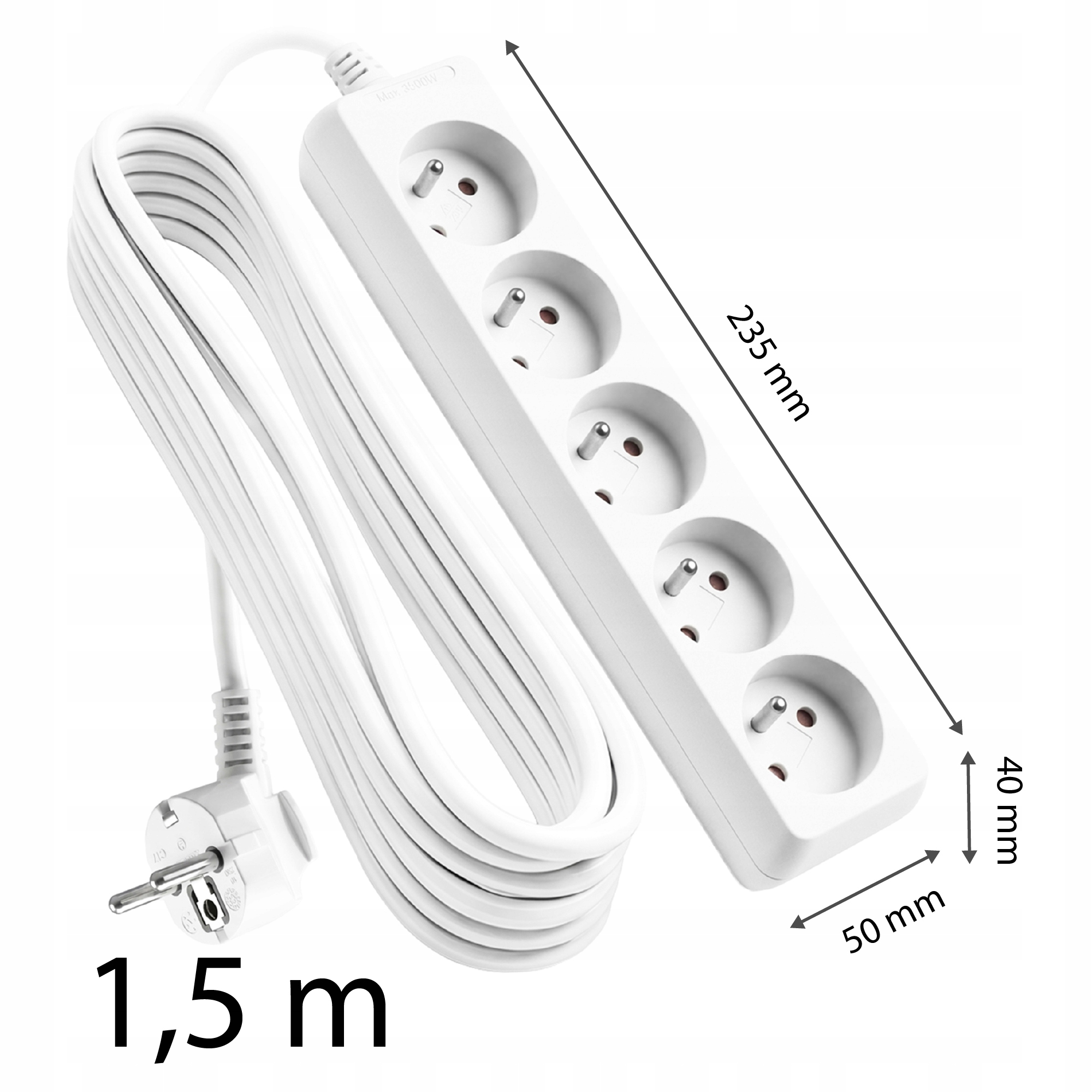 Biaa listwa zasilajca, cztery gniazda, kabel 1,5m, wymiary.
