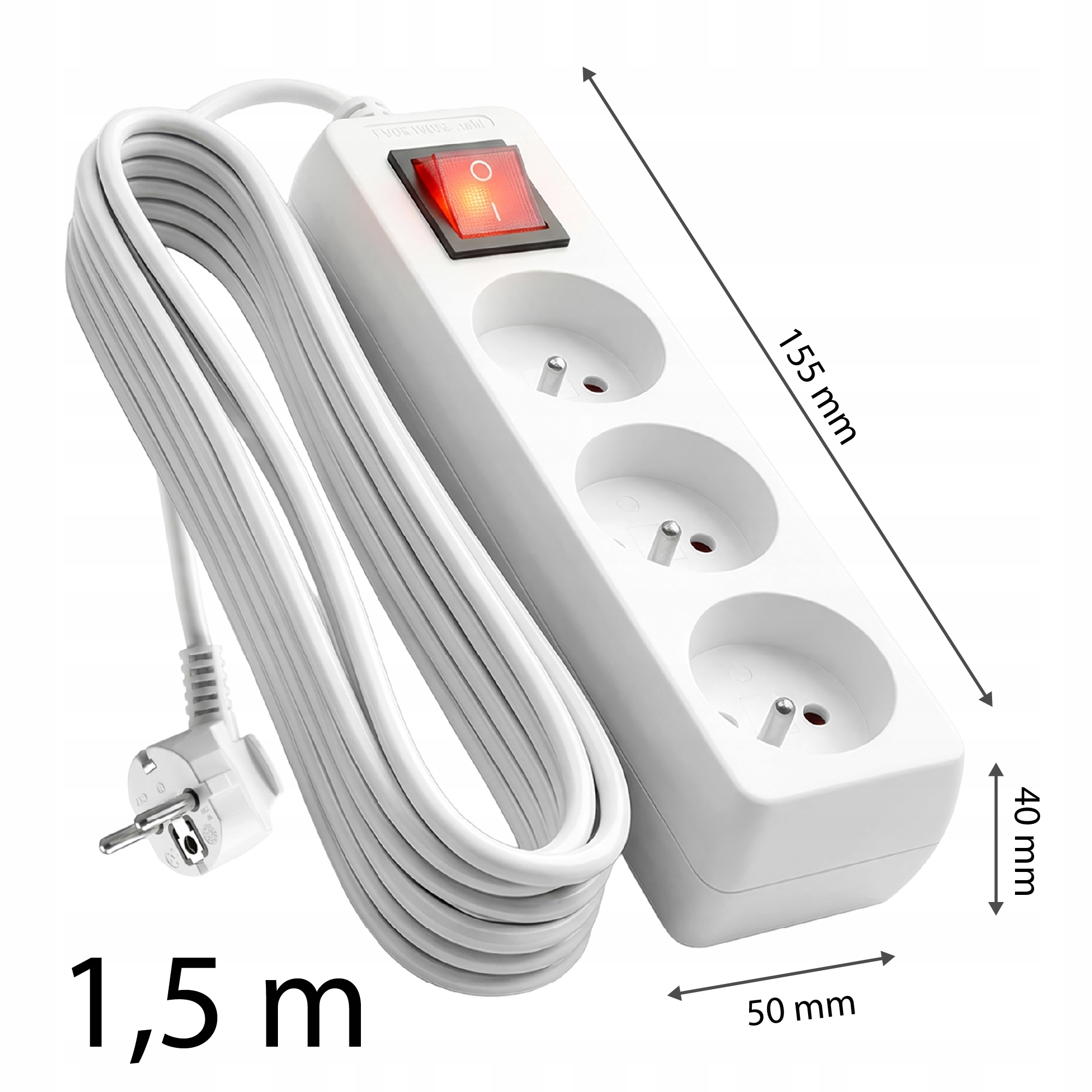 Biała listwa zasilająca z 3 gniazdami i czerwonym włącznikiem.