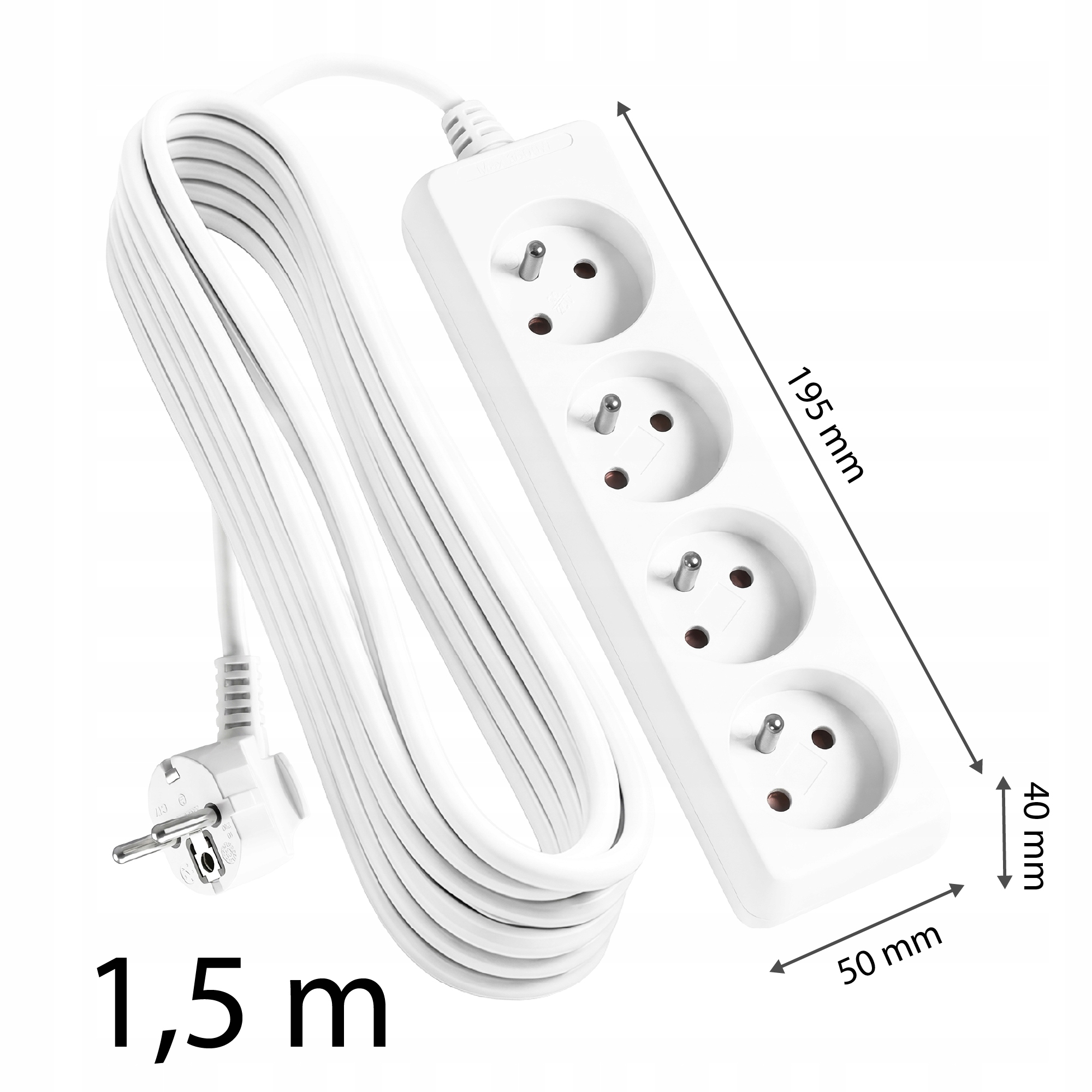 Biała listwa zasilająca z kablem i wtyczką.