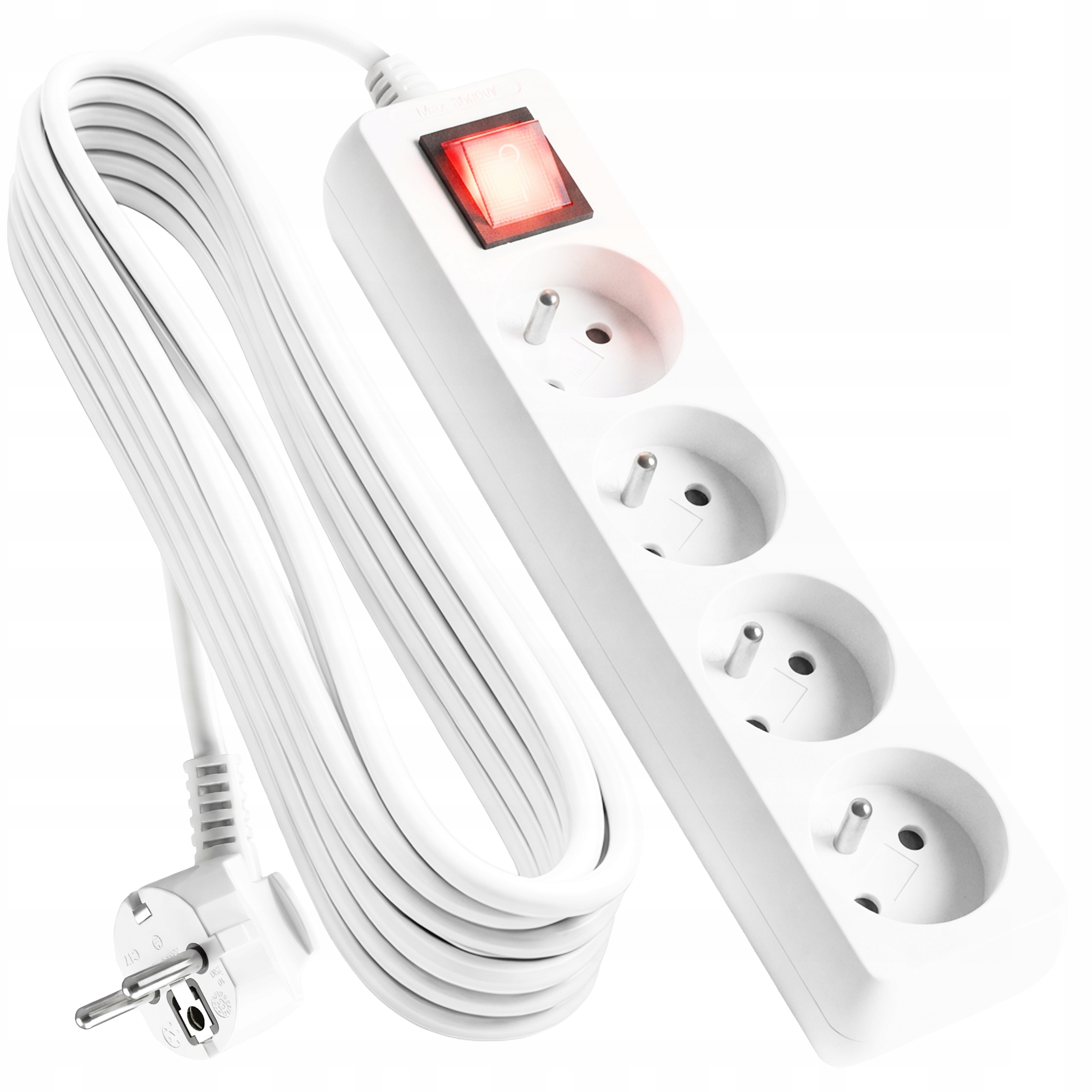 Biała listwa zasilająca z czerwonym włącznikiem.