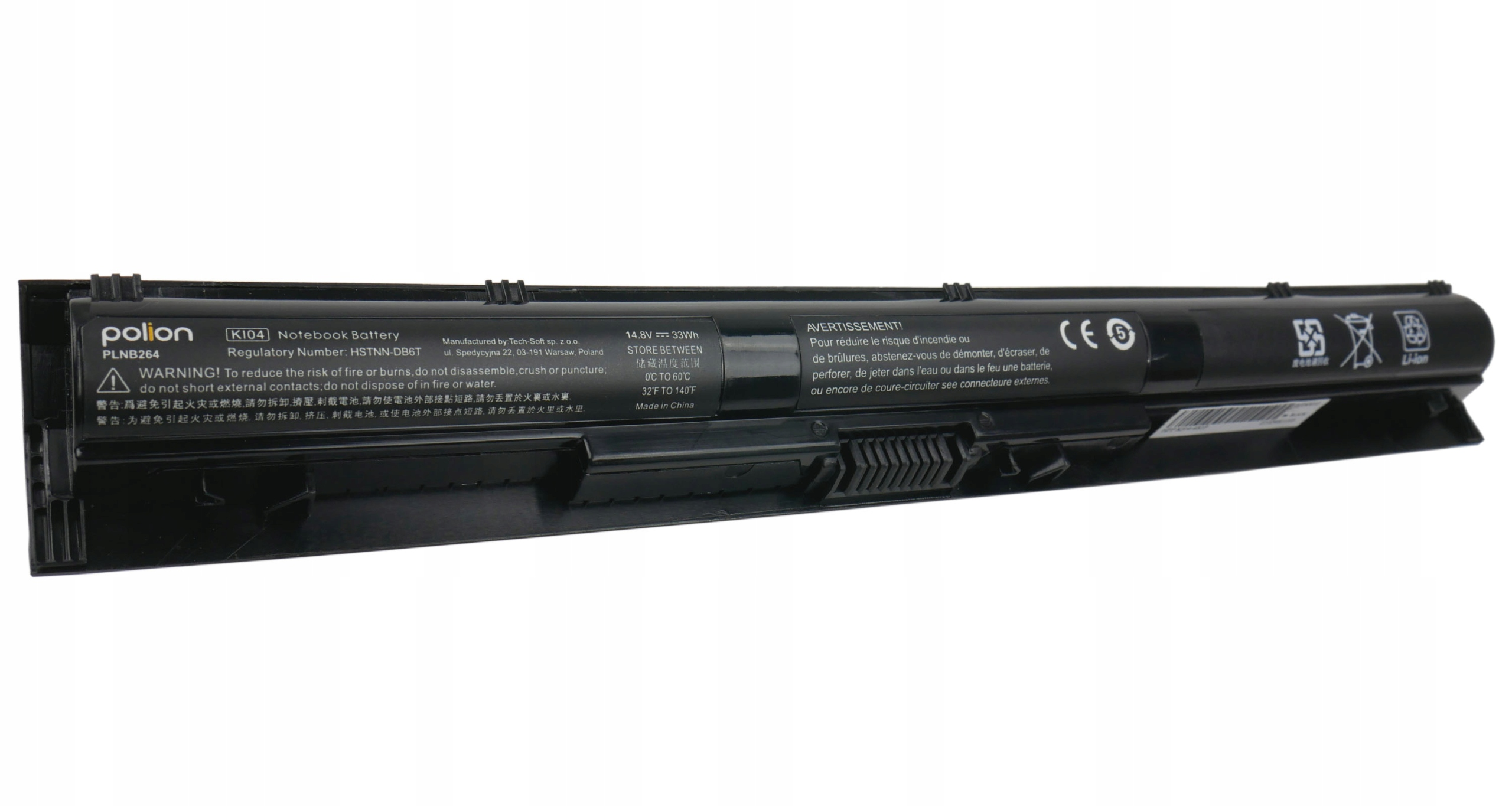 Czarna bateria do laptopa z ostrzeżeniami i danymi technicznymi.