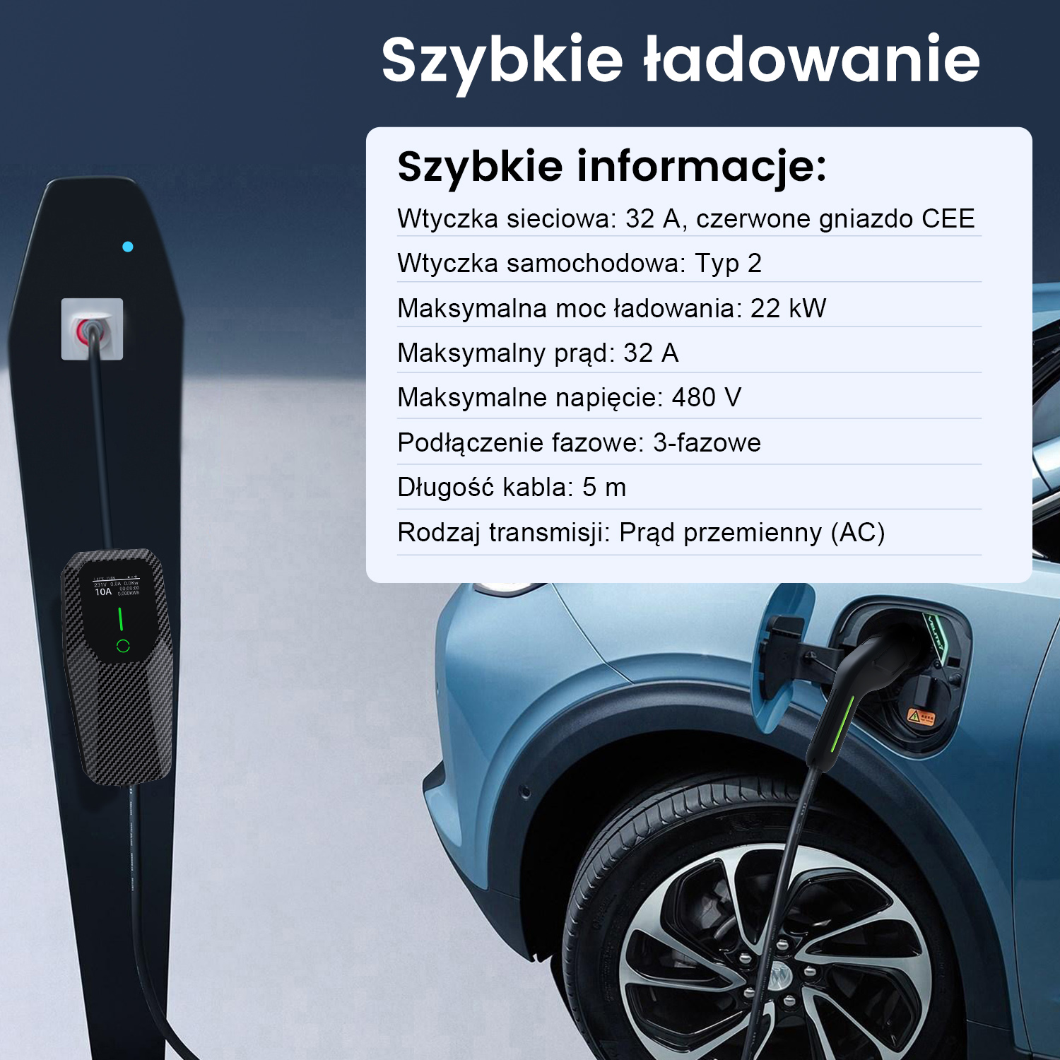 Samochód elektryczny ładuje się na stacji ładowania z wtyczką CEE i złączem Typu 2.