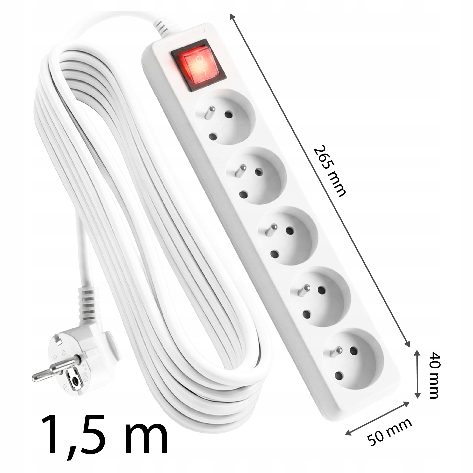 Biała listwa zasilająca z 5 gniazdami, czerwonym przełącznikiem i kablem 1,5 m.