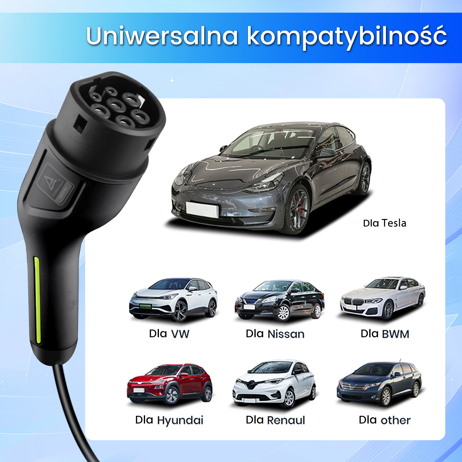 Wtyczka ładowania obok zdjęć samochodów elektrycznych: Tesla, VW, Nissan, BMW, Hyundai, Renault i inne.