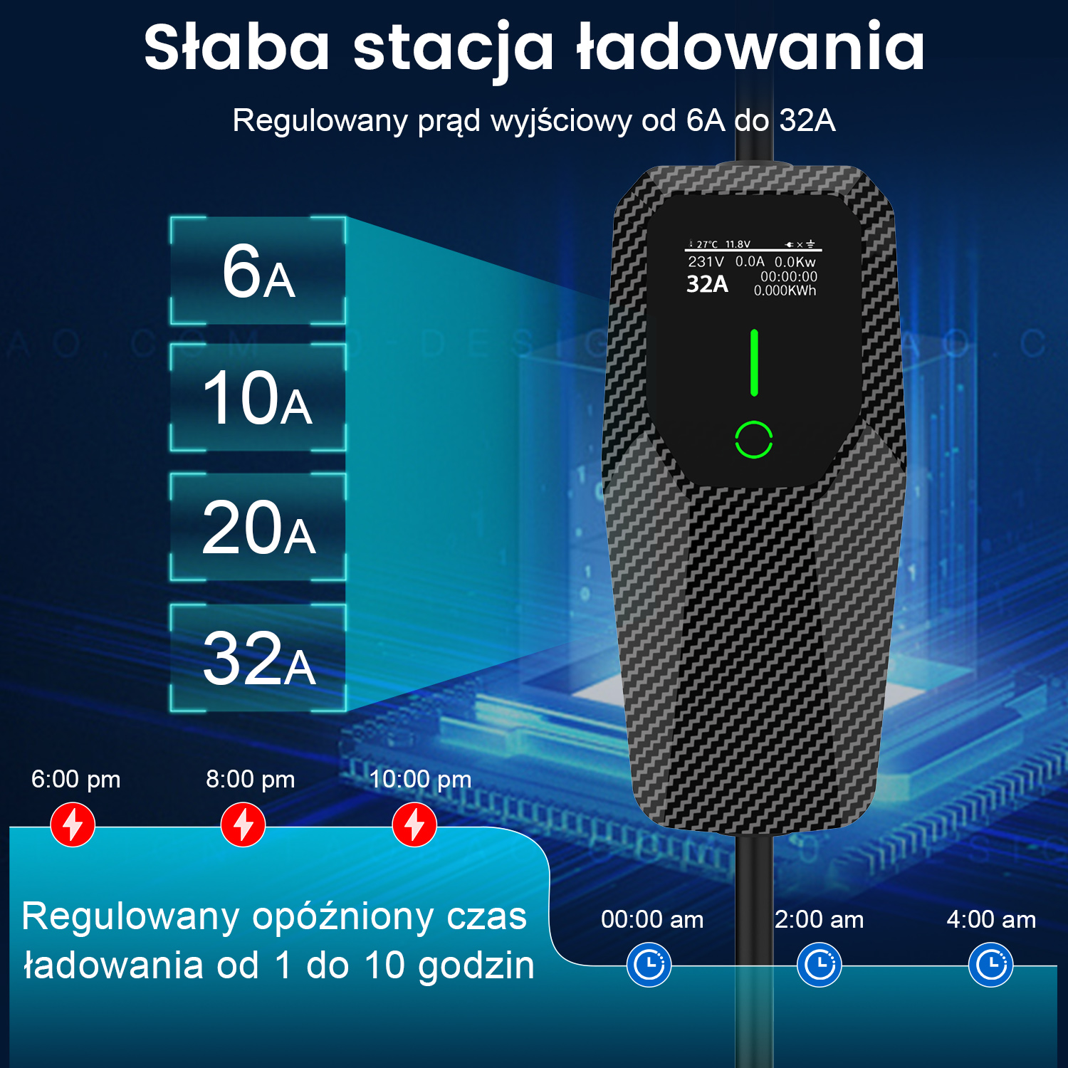 Stacja ładowania z regulowanym prądem od 6A do 32A i opóźnionym startem.