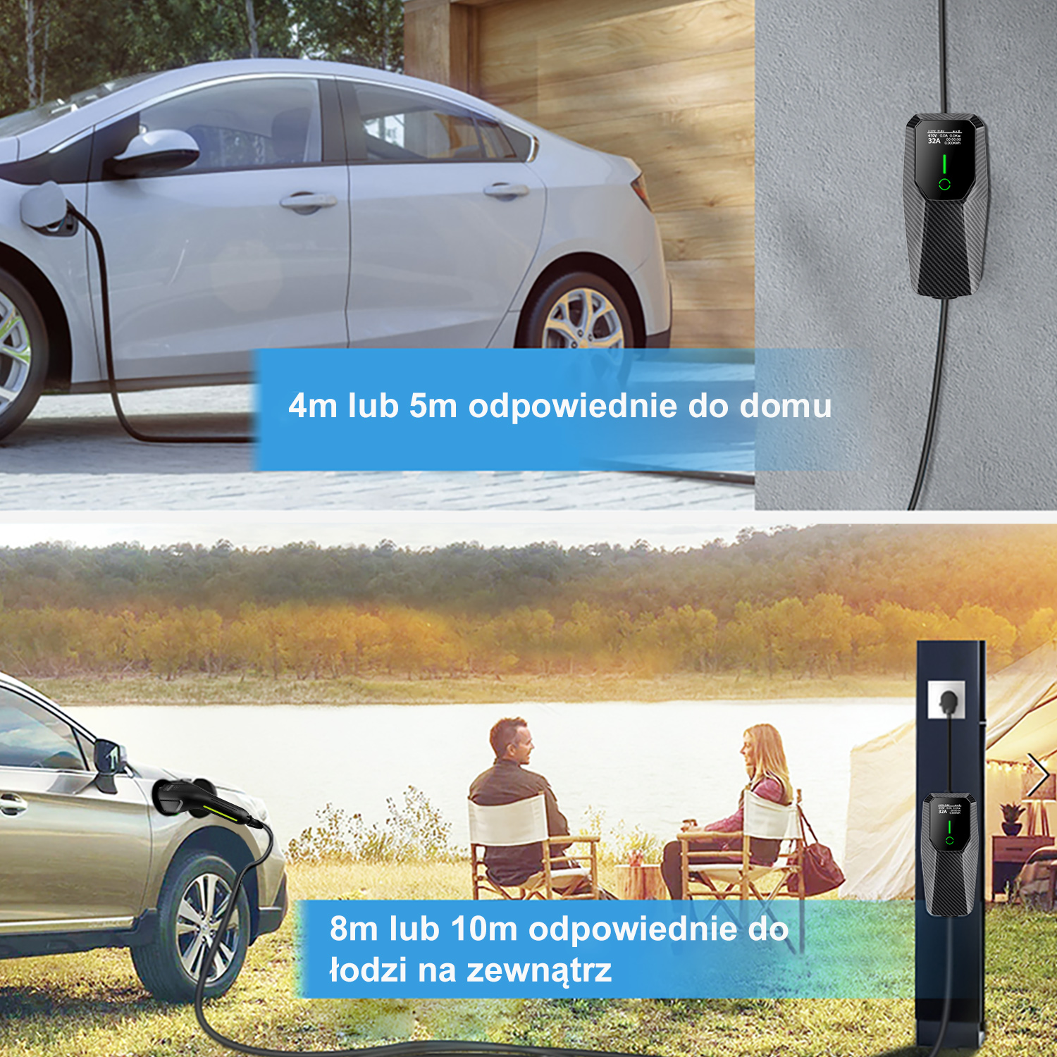 Samochód elektryczny ładuje się w domu i na zewnątrz na stacji ładowania.