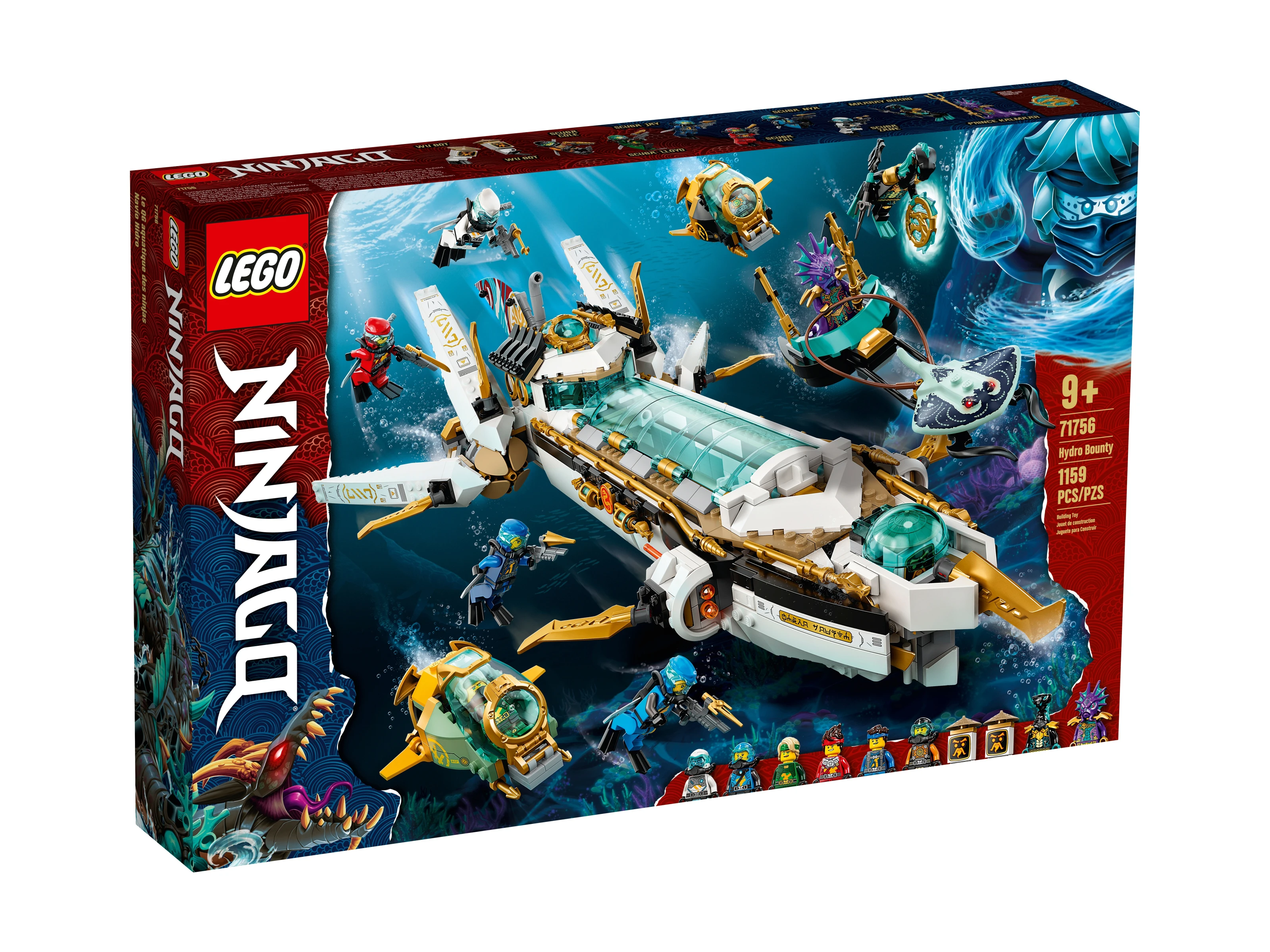 Zabawka konstrukcyjna LEGO Ninjago Hydro Bounty ze statkiem, łodziami podwodnymi i figurkami.