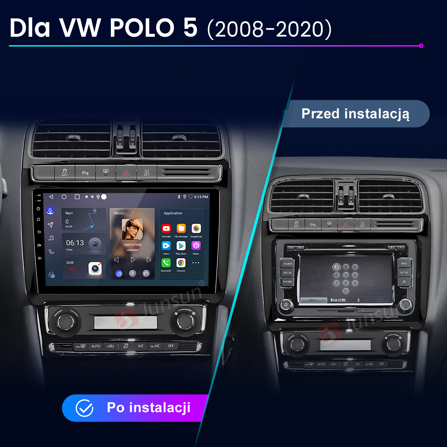 Porównanie radia samochodowego VW Polo 5 przed i po instalacji, nowe po lewej, stare po prawej.