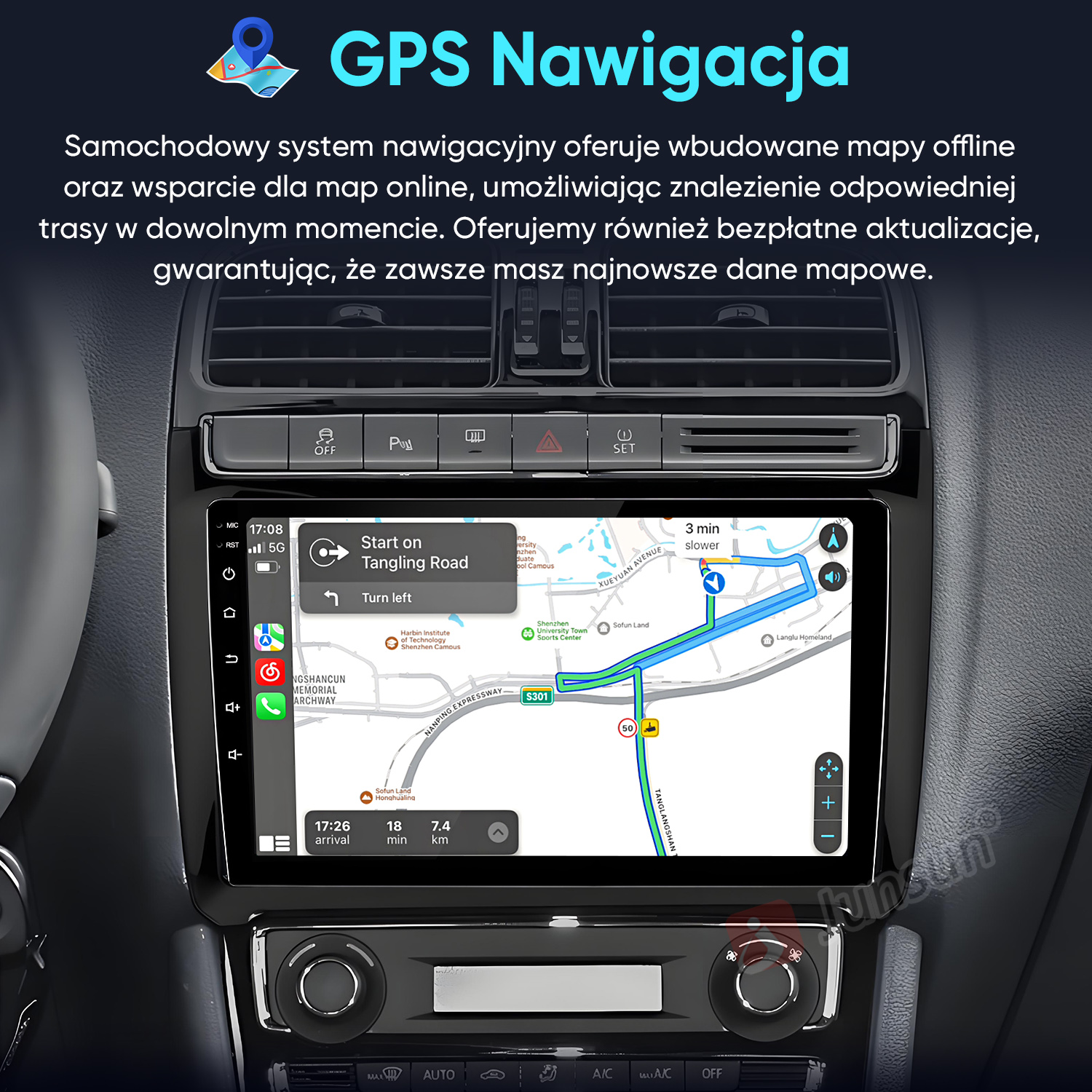 Wyświetlany jest samochodowy system nawigacyjny z mapami offline i online.