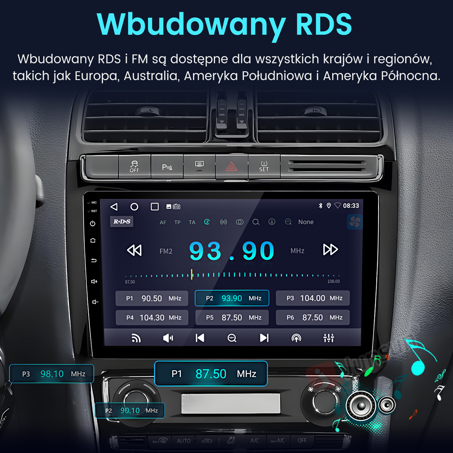 Radio samochodowe z RDS i wyświetlaczem FM pokazuje 93.90 MHz. Widoczne ustawienia.