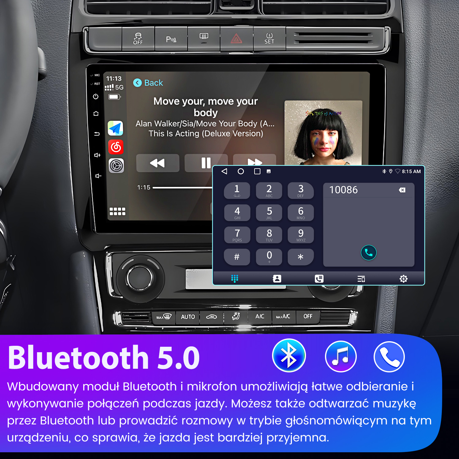 Radio samochodowe wyświetla odtwarzanie muzyki z okładką albumu i klawiaturą.